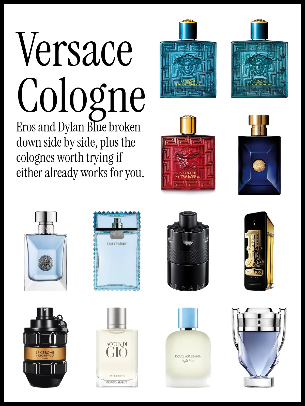Collage of Versace Eros, Dylan Blue and related men's colognes