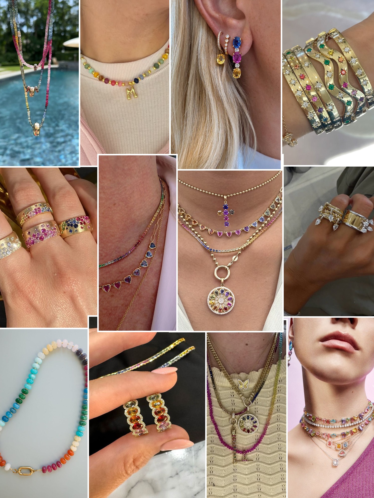 Collage of rings, earrings and layered necklaces worn up close, in the spirit of Rainbow K