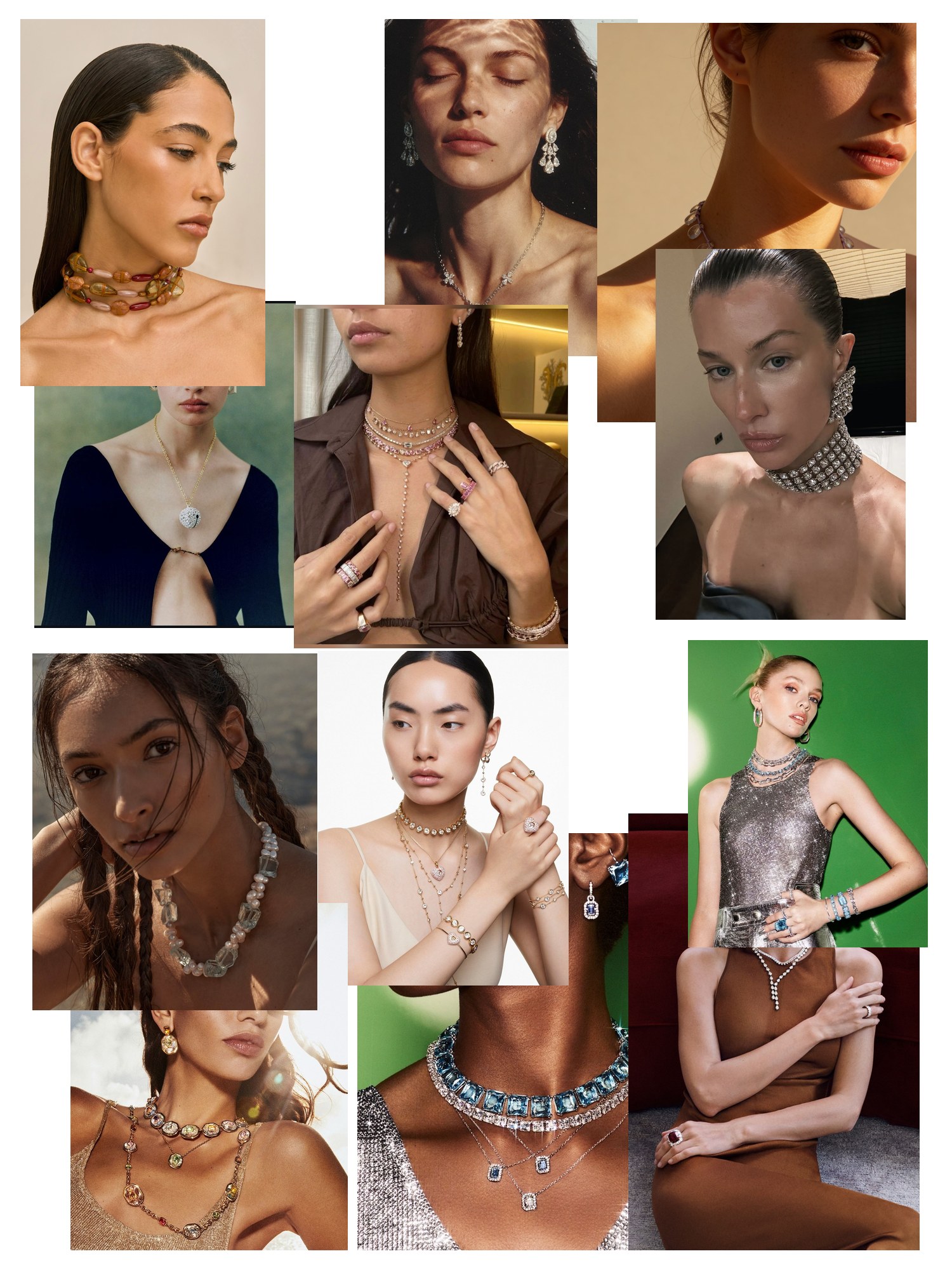 Collage of twelve street-style and editorial photos featuring Swarovski Necklace, scattered and overlapping