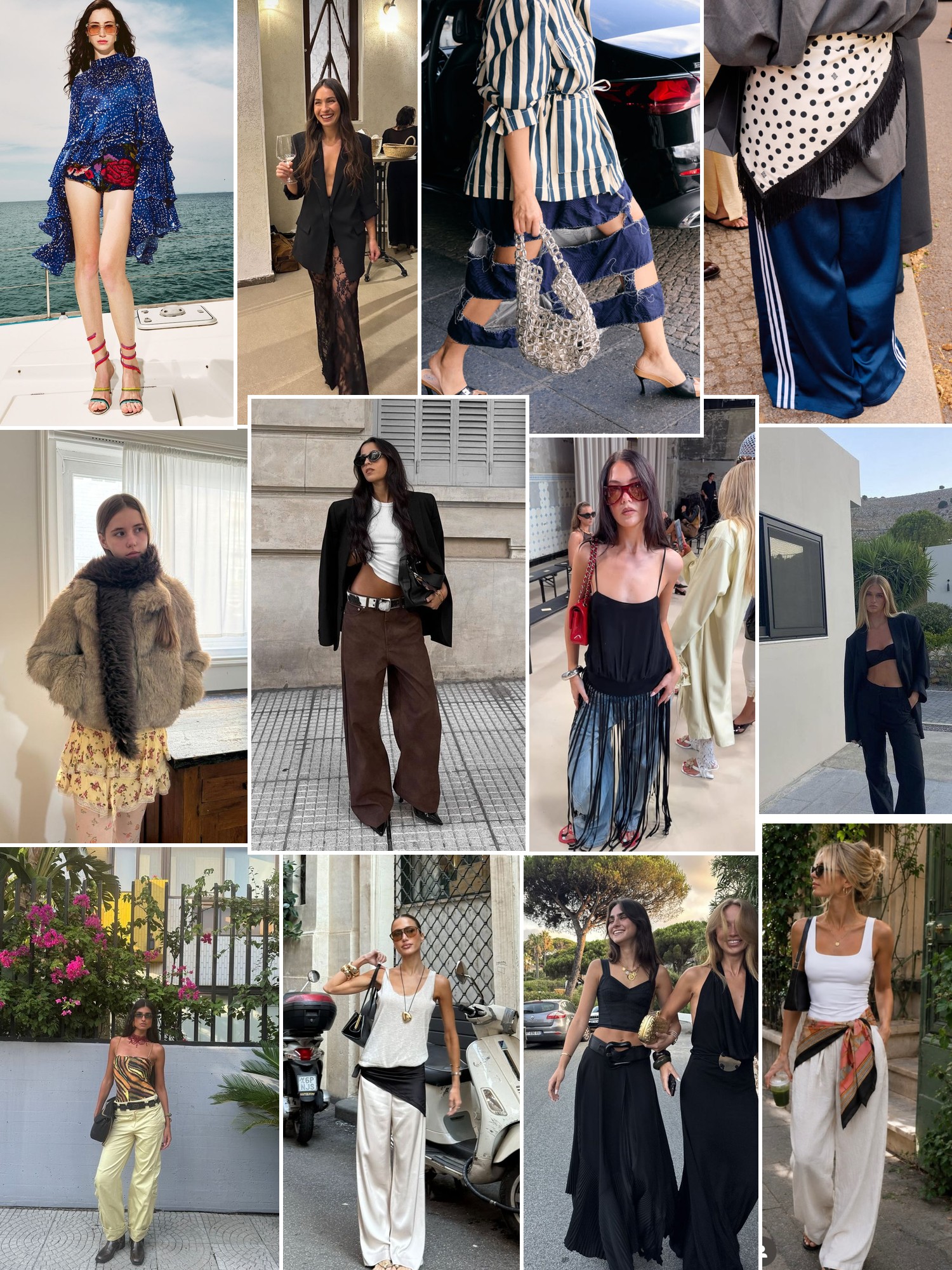 Collage of runway looks, campaign shots and street style outfits that capture the La Fuori mood