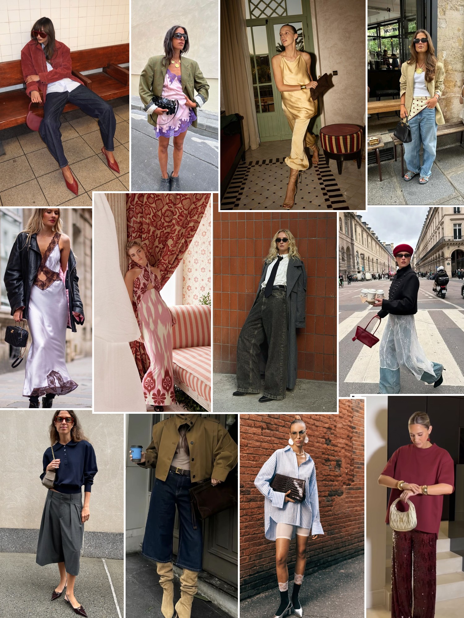 Collage of relaxed city outfits with floral dresses, silky layers, denim and warm street style
