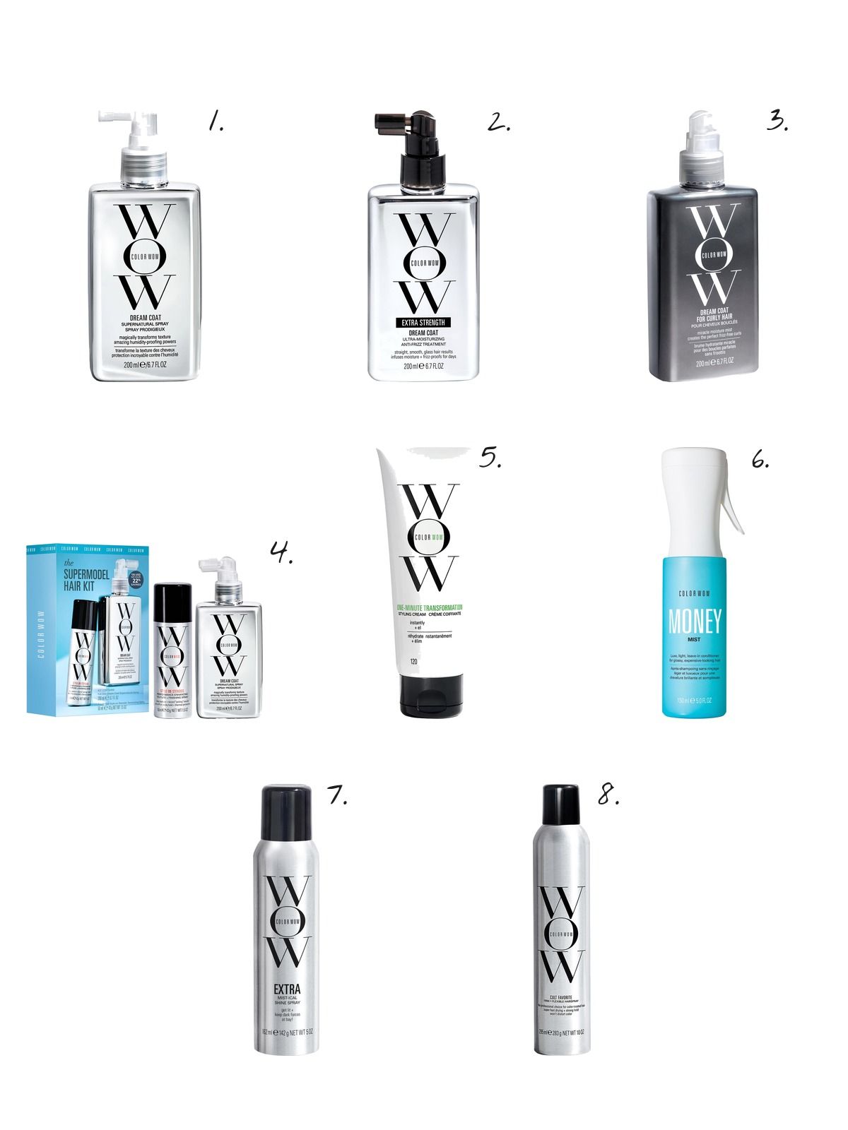 Numbered collage: 1. COLOR WOW Dream Coat Supernatural Anti-Frizz, Blow Dry Treatment Spray; 2. COLOR WOW Extra Strength Dream Coat Ultra-Moisturizing Anti-Frizz Blow Dry Treatment Spray; 3. COLOR WOW Dream Coat Anti-Frizz Treatment for Curly Hair; 4. COLOR WOW Dream Coat Treatment Spray and Mini Style on Steroids Texture Spray Set; 5. COLOR WOW One Minute Transformation Anti Frizz Styling Cream; 6. COLOR WOW Money Mist Leave In Conditioner; 7. COLOR WOW Extra Mist-ical Shine Spray; 8. COLOR WOW Cult Favorite Firm + Flexible Hairspray