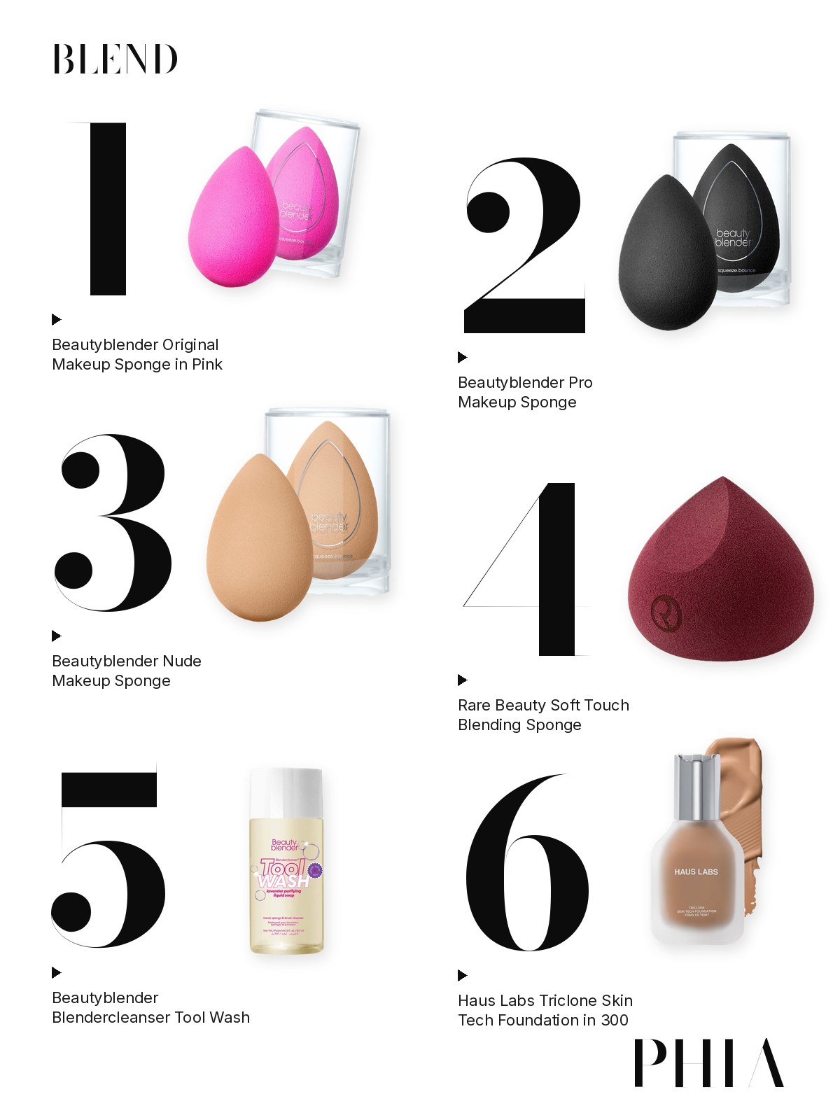 Big numbers collage for Beauty Blender: six products from Beautyblender, Rare Beauty and Haus Labs, each set beside a large numeral