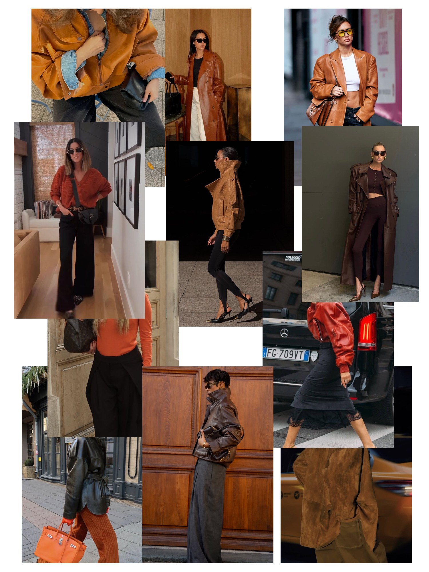 Collage of eleven street-style photos of women wearing rust and black outfits, scattered and overlapping on white
