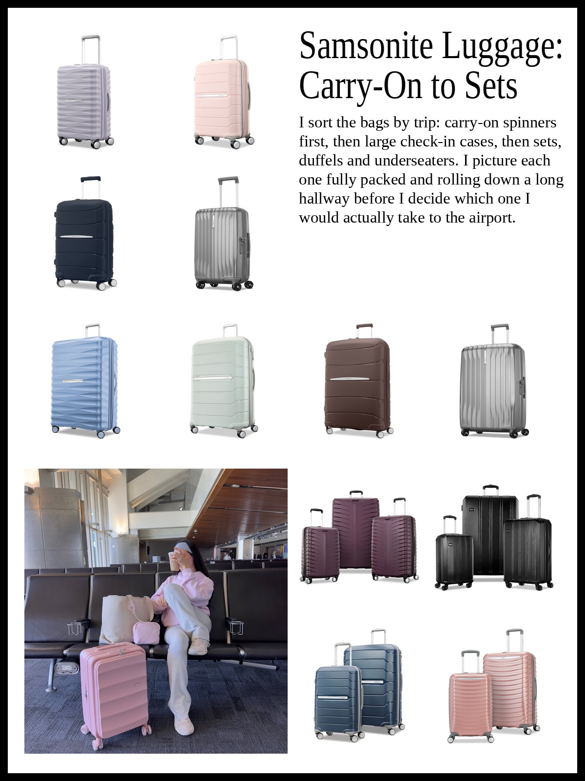 Collage of hardside and softside carry-on spinners, large check-in spinners, and luggage sets, wheeled duffels and underseaters, and a mood photo of a pink carry-on spinner at an airport gate
