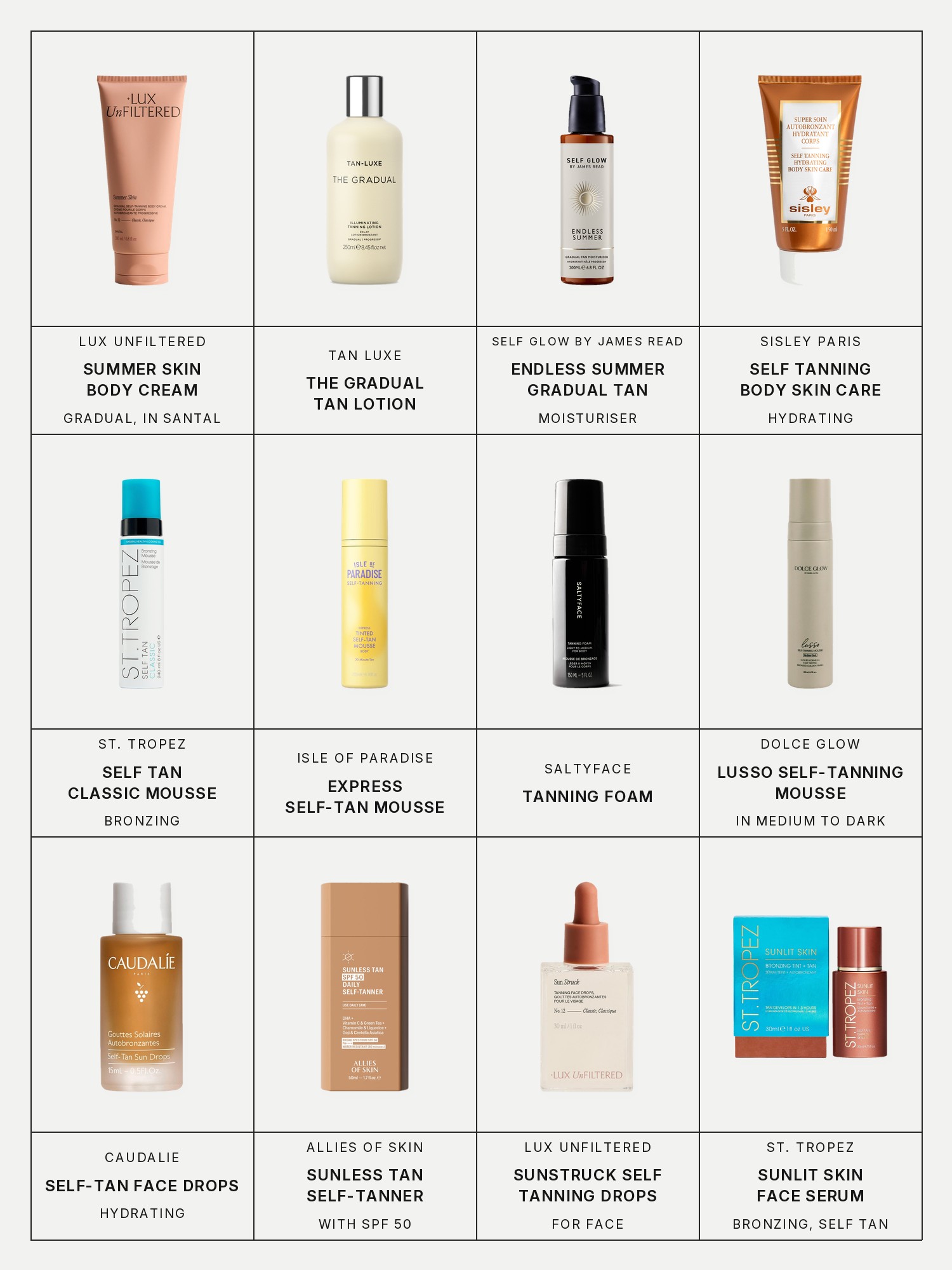 Twelve boxes on a pale grey page, one for each product in this edit, each with its brand and name printed below: Lux Unfiltered Summer Skin Hydrating Gradual Self-Tanning Body Cream in Santal, Tan Luxe The Gradual Tan Lotion, Self Glow by James Read Endless Summer Gradual Tan Moisturiser, Sisley Paris Self Tanning Hydrating Body Skin Care, St. Tropez Self Tan Classic Bronzing Mousse, Isle of Paradise Express Self-Tan Mousse, Saltyface Tanning Foam, Dolce Glow Lusso Self-Tanning Mousse in Medium to Dark, Caudalie Self-Tan Hydrating Face Drops, Allies of Skin Sunless Tan SPF 50 Sunscreen + Self-Tanner, Lux Unfiltered Sunstruck Self Tanning Face Drops and St. Tropez Sunlit Skin Bronzing Tint and Self Tan Face Serum.
