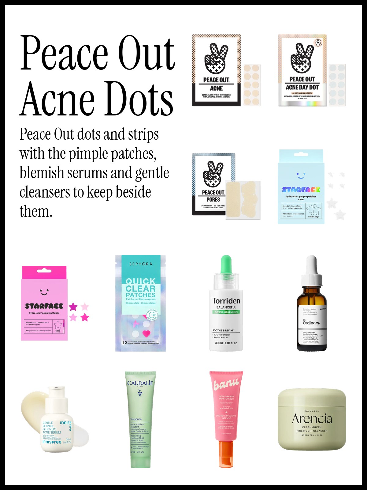 Collage of Peace Out acne dots and pore strips with Starface patches, Torriden and The Ordinary blemish treatments and Caudalie and banu moisturizers