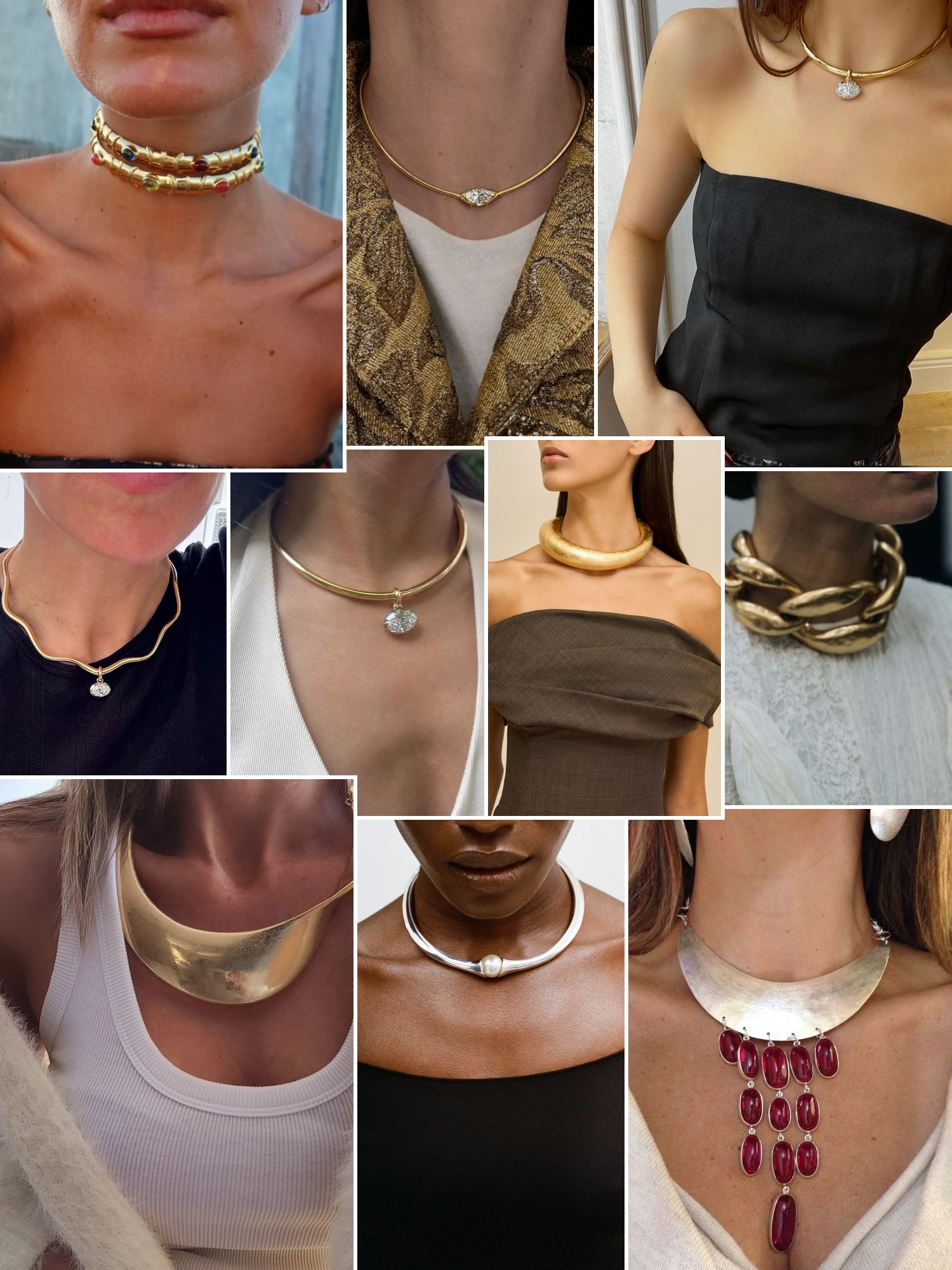 Collage of everyday outfits built around collar necklace