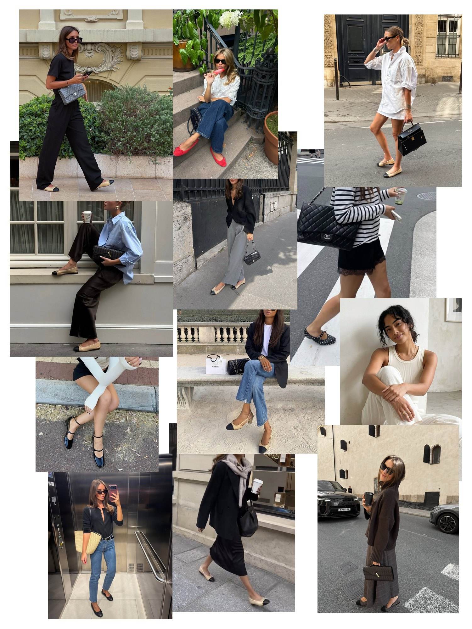 Scatter collage of Chanel ballet flat street style: flats with jeans, wide trousers, skirts and coats