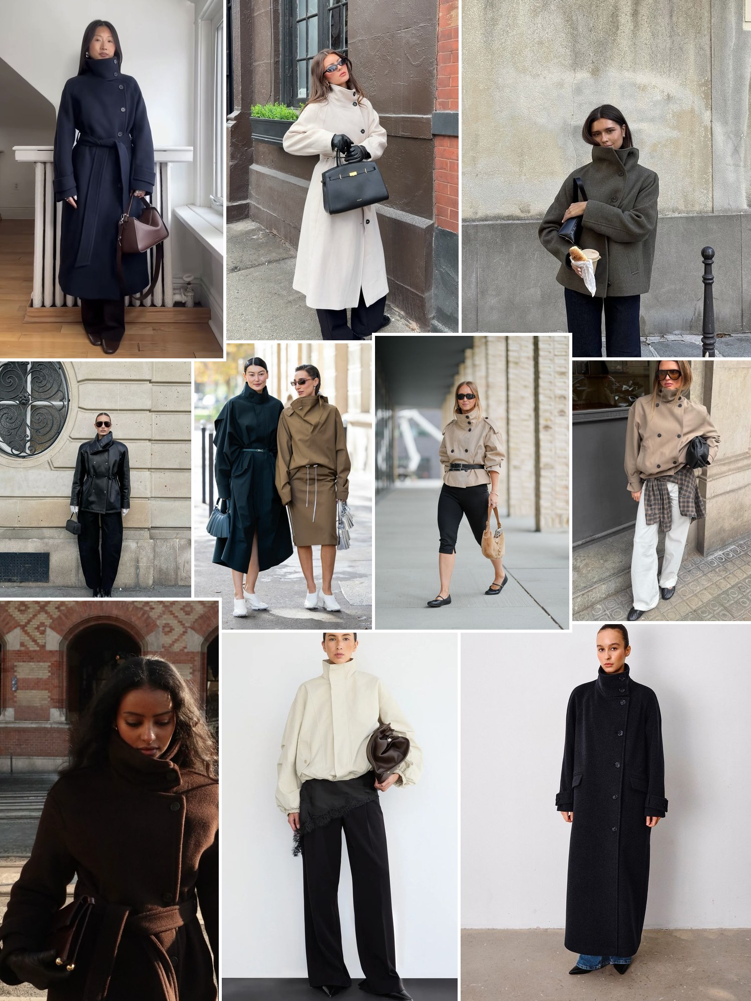 Street style collage of women wearing Funnel neck coat