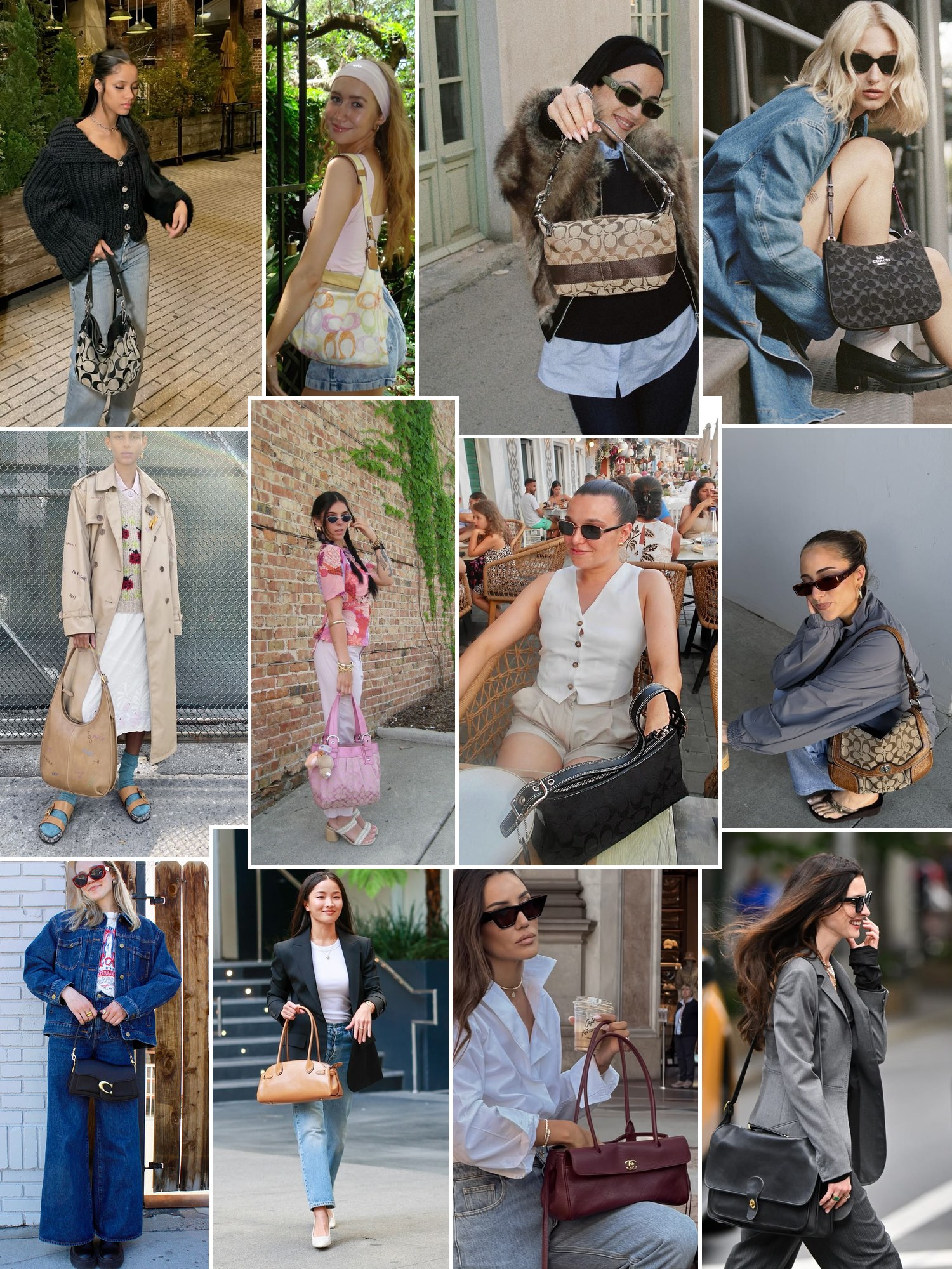 Street style collage of women wearing vintage Coach bag