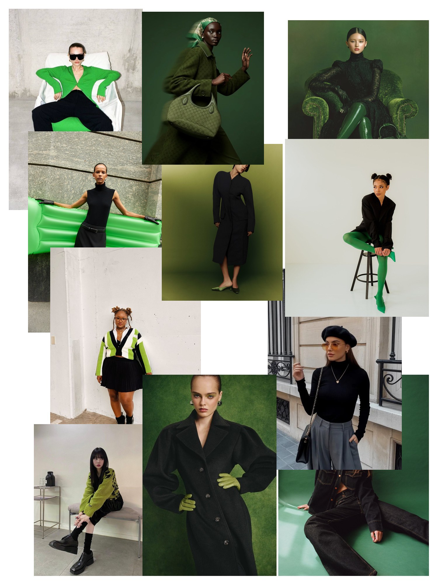 Collage of eleven street-style photos of women wearing green and black outfits, scattered and overlapping on white