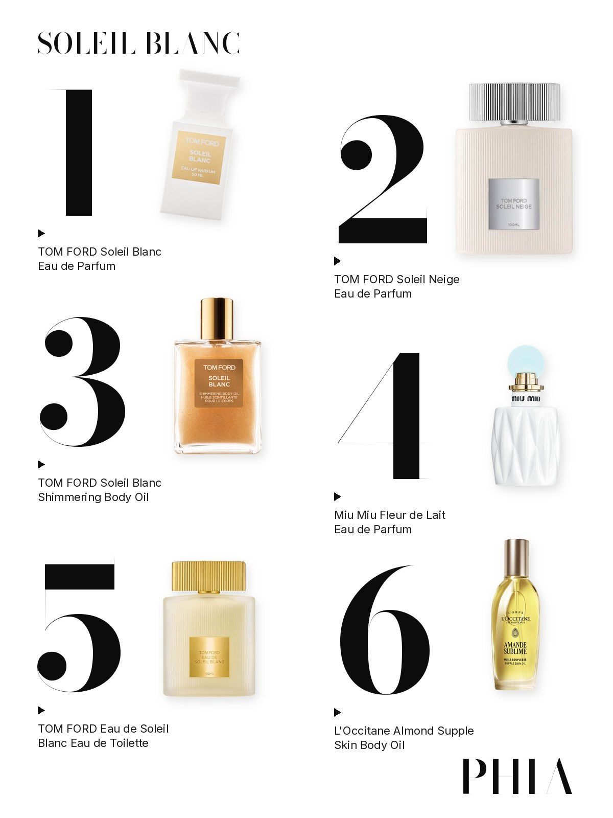 Big numbers collage for Tom Ford Soleil Blanc: six products from Tom Ford, Miu Miu and L'Occitane, each set beside a large numeral