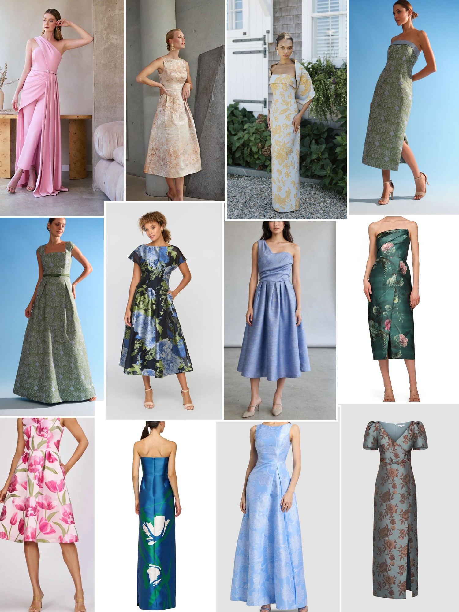 Collage of colorful occasion dresses in florals, brocade and satin, from garden settings to evening events