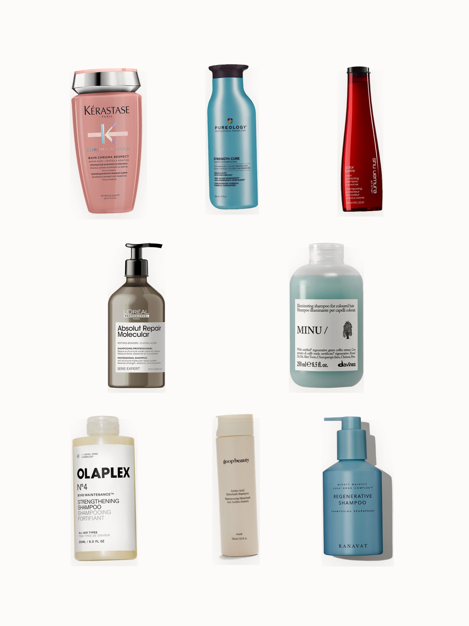 Flat lay of sulfate-free shampoos for color-treated hair on an off-white background