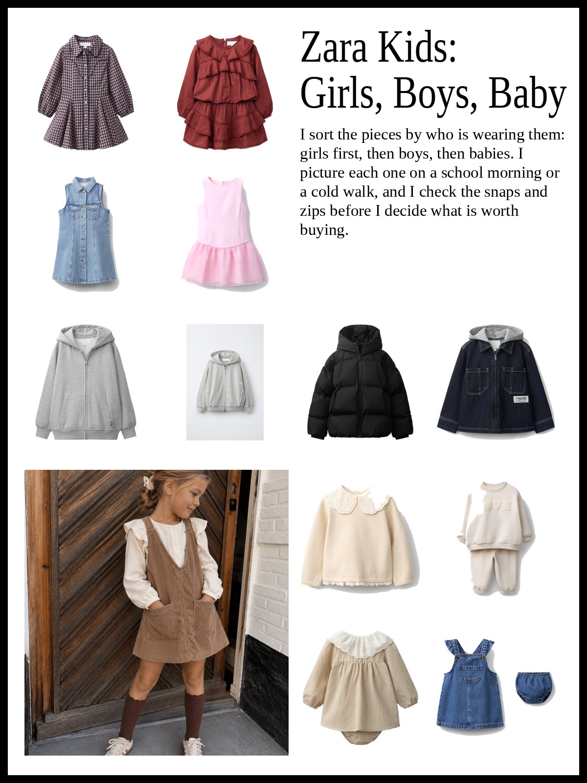 Collage of girls' dresses and jackets, boys' hoodies, overshirts and jeans, and baby sets, rompers and shearling jackets, and a mood photo of a girl in a brown pinafore and white blouse