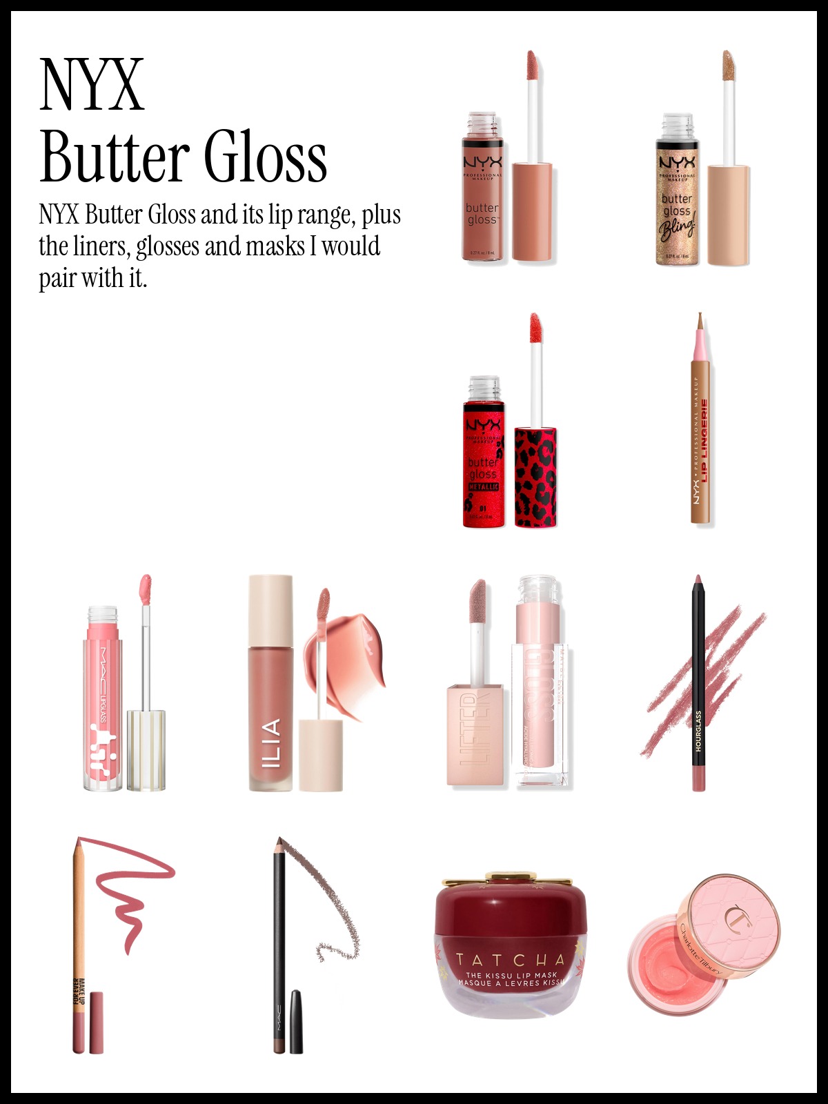 Collage of NYX Butter Gloss Non-Sticky Lip Gloss, NYX Butter Gloss Bling, NYX Party Animals Butter Gloss Metallic and MAC Lipglass Air