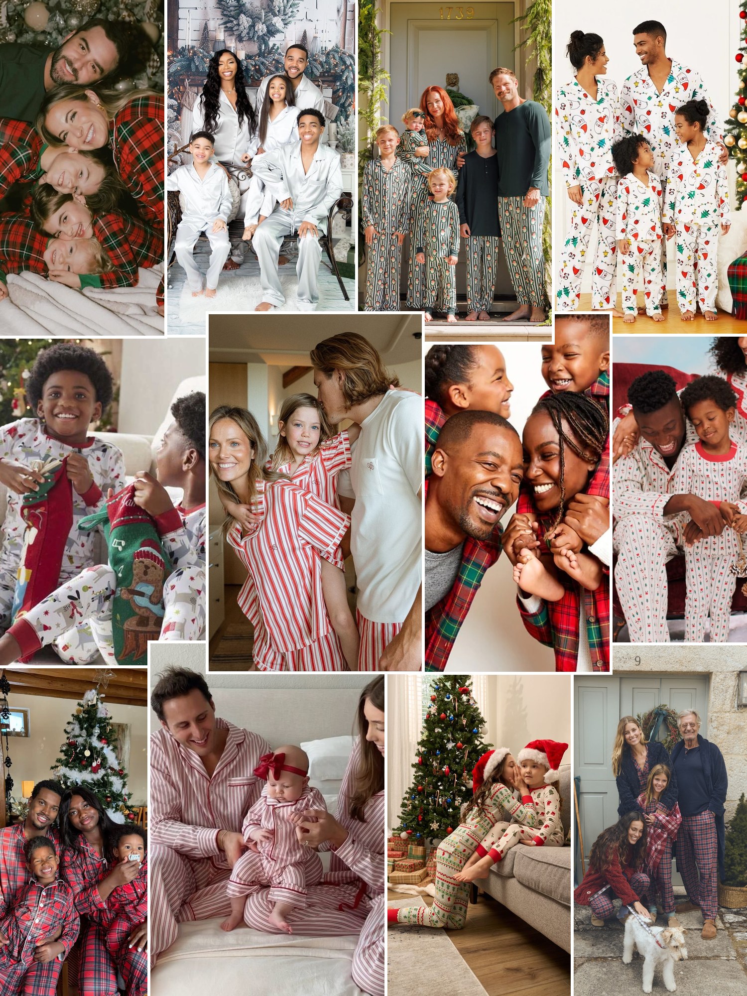 Street style collage of women wearing family Christmas pajamas
