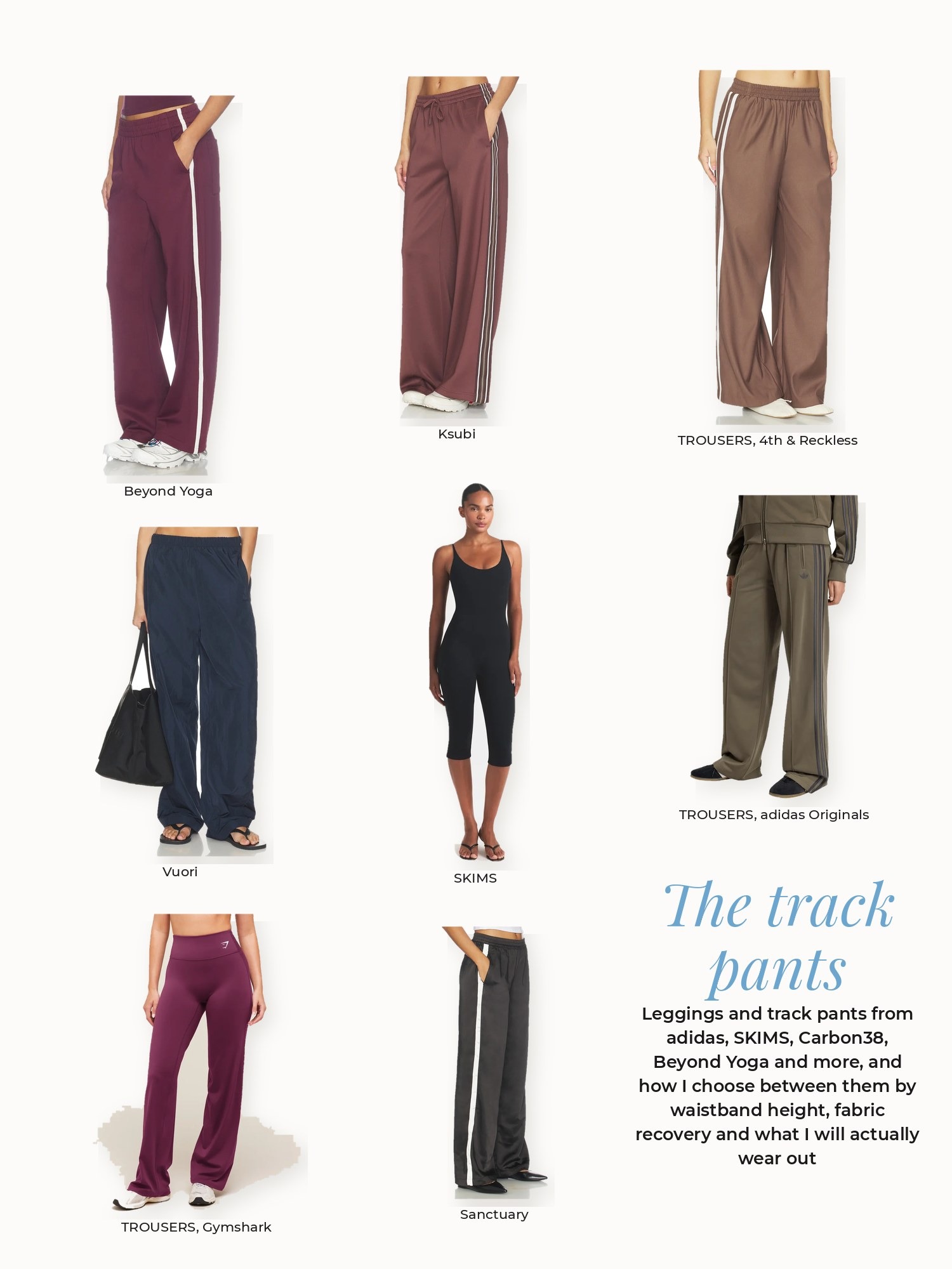 Track pants collage: 4th & Reckless, Beyond Yoga, Gymshark, Ksubi, SKIMS, Sanctuary, Vuori, adidas Originals