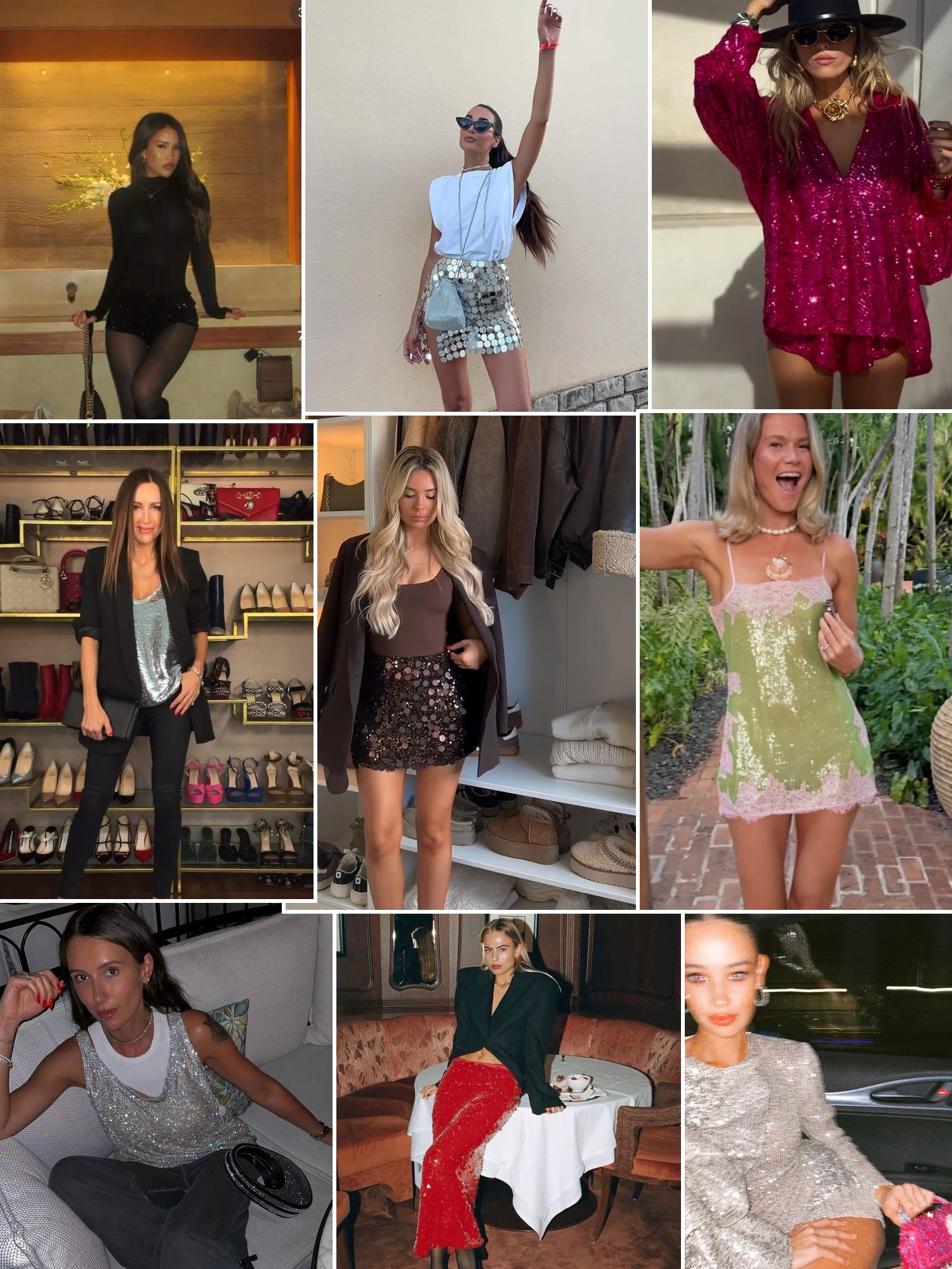 Collage of party outfits with coats in winter