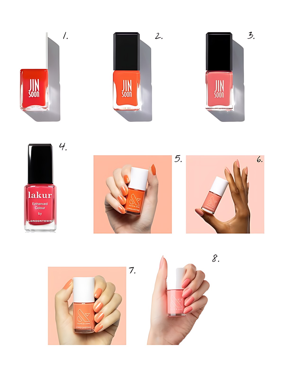 Numbered collage: 1. JINsoon Crush; 2. JINsoon Enflammée; 3. JINsoon Sinopia; 4. Londontown Lakur Enhanced Color Nail Polish; 5. Olive & June I’ll Take Another Spritz; 6. Olive & June Papaya Gloss; 7. Olive & June Ride into the Sunset; 8. Olive & June Stinson Sunset