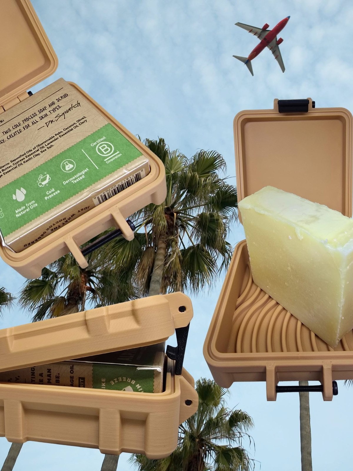 Dr. Squatch soap travel case open with a bar of soap, palm trees and a plane overhead