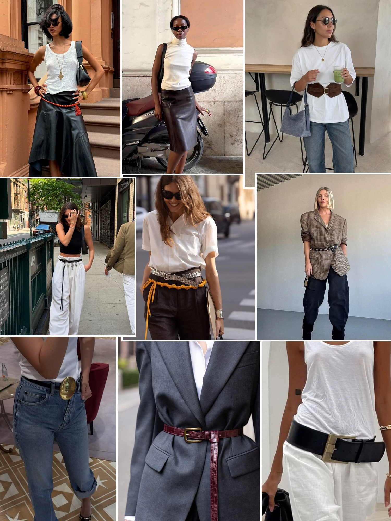 Collage of gold oval-buckle leather belts and similar looks