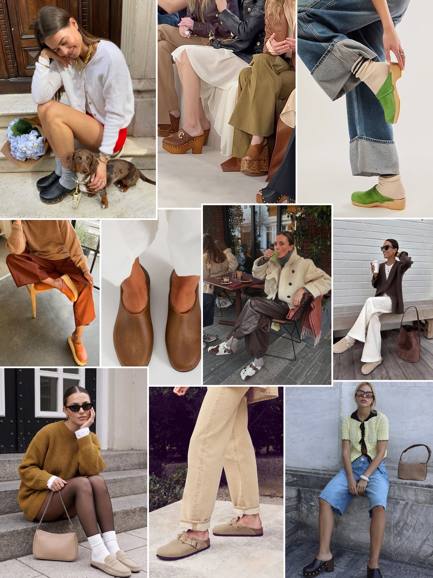 Collage of everyday outfits built around Wooden clogs