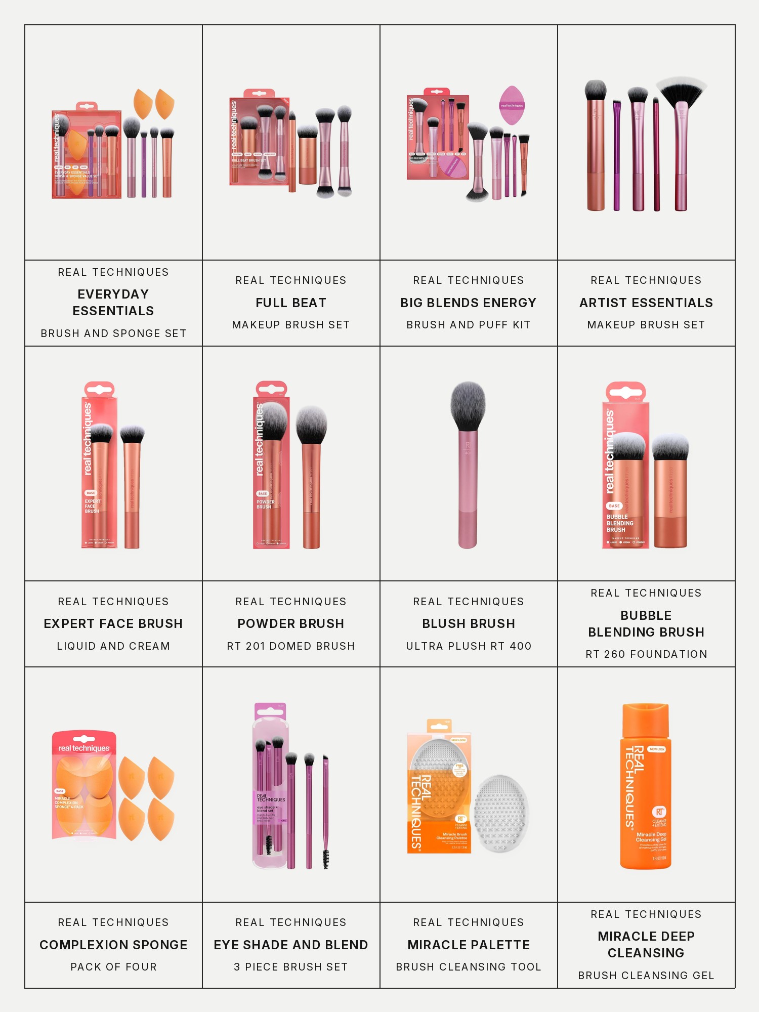 Twelve boxes on a pale gray page, one for each product in the first three grids of this edit, each with its brand and name printed below: Real Techniques Everyday Essentials Makeup Brush Set, Real Techniques Full Beat Makeup Brush Set, Real Techniques Big Blends Energy Brush + Dual-Sided Puff Kit, Real Techniques Artist Essentials Makeup Brush Set, Real Techniques Expert Face Brush, Real Techniques Powder Brush, Real Techniques Blush Brush, Real Techniques Bubble Blending Brush, Real Techniques Miracle Complexion Sponge, Real Techniques Eye Shade & Blend Brush Set, Real Techniques Miracle Brush Cleansing Palette and Real Techniques Miracle Deep Cleansing Gel.