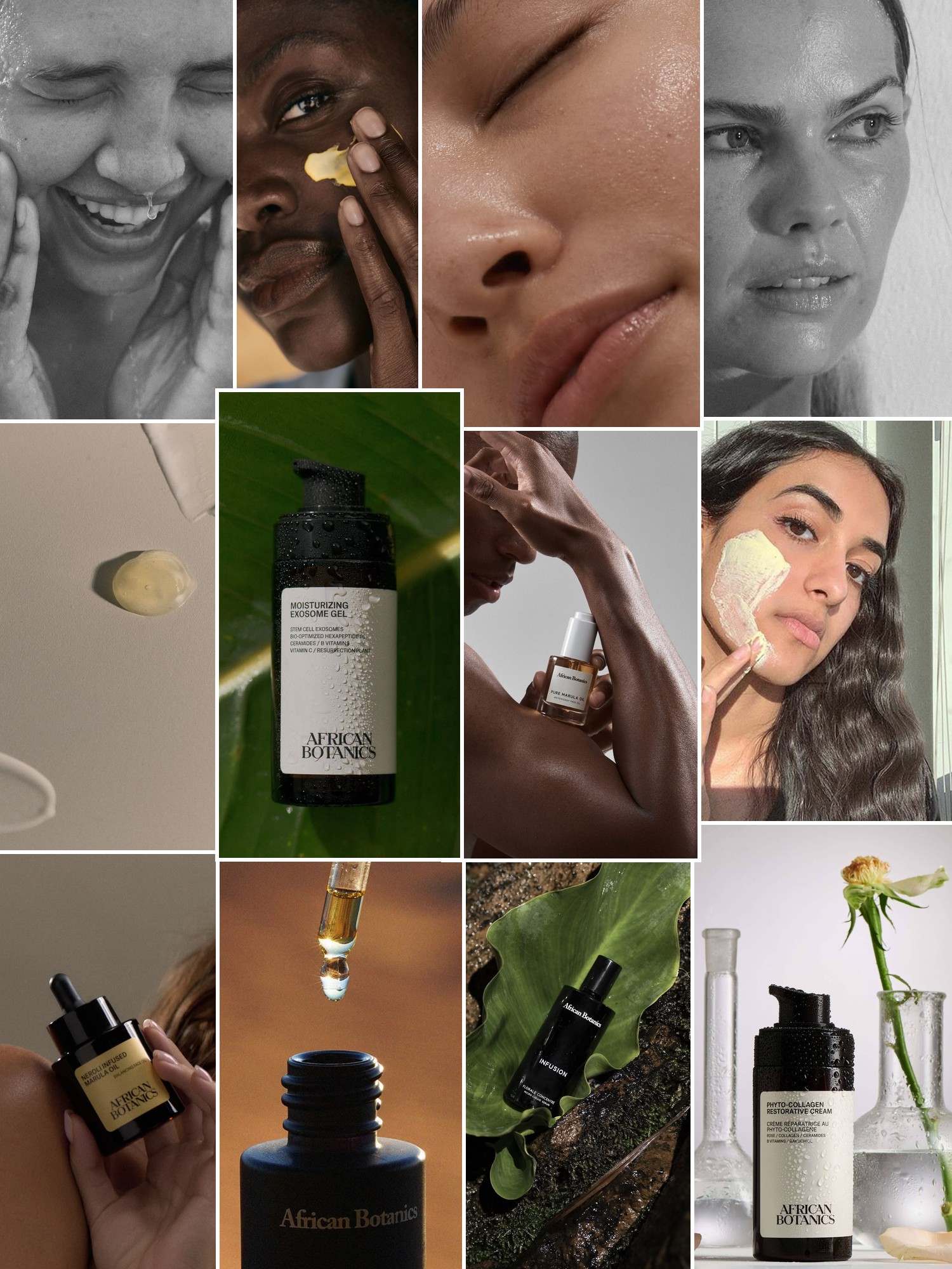 Collage of campaign images, textures and rituals that capture the African Botanics mood