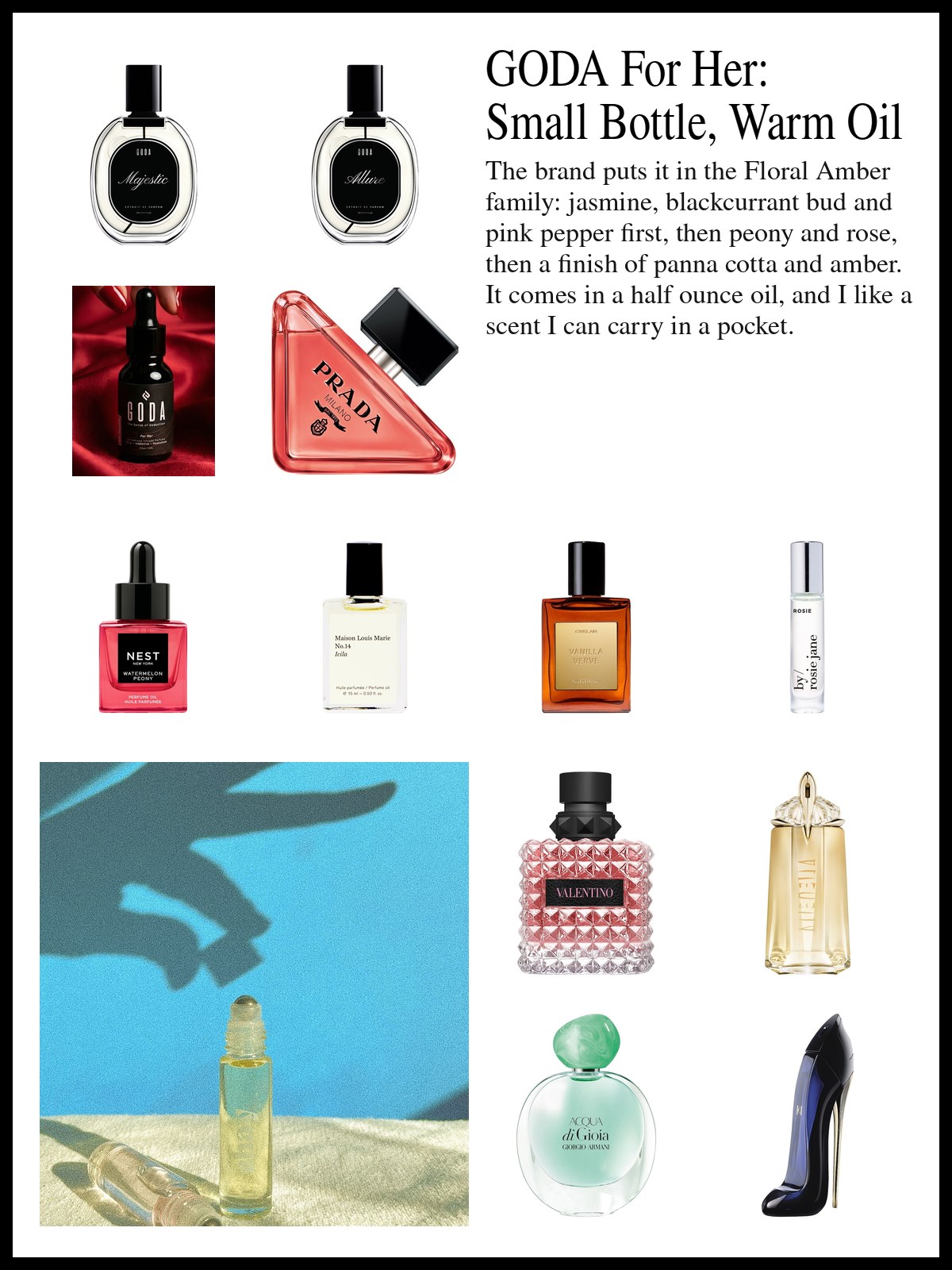 Collage of GODA perfume oil bottles, roll-on oils from other brands and jasmine and rose eau de parfum bottles beside a soft close-up and a mood photo of a perfume oil rollerball against a blue wall.
