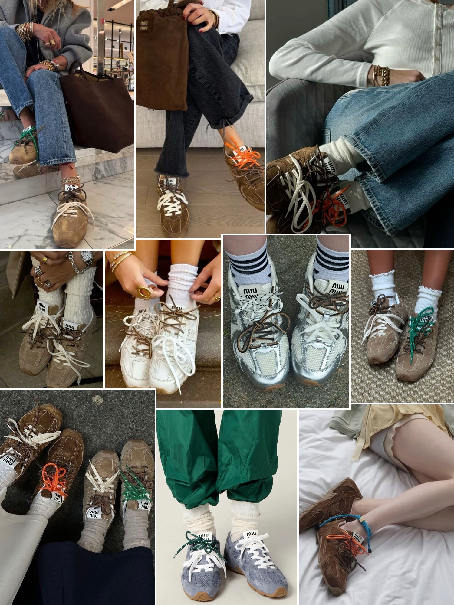 Collage of everyday outfits built around Miu Miu New Balance