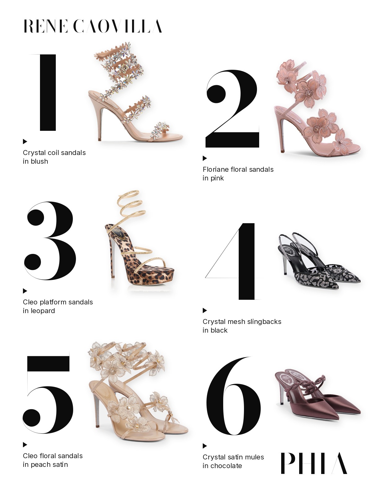 Six numbered Rene Caovilla heels: crystal coil sandals, Floriane, Cleo leopard platform, crystal slingbacks, floral sandals and satin mules