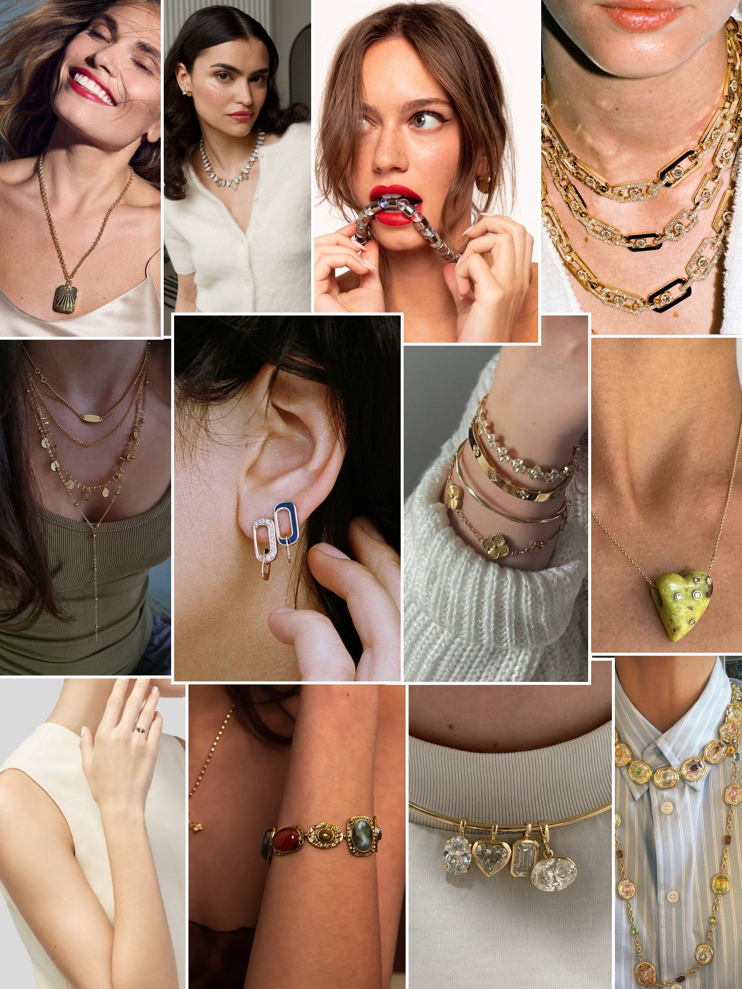Collage of rings, earrings and layered necklaces worn up close, in the spirit of Bleecker & Prince