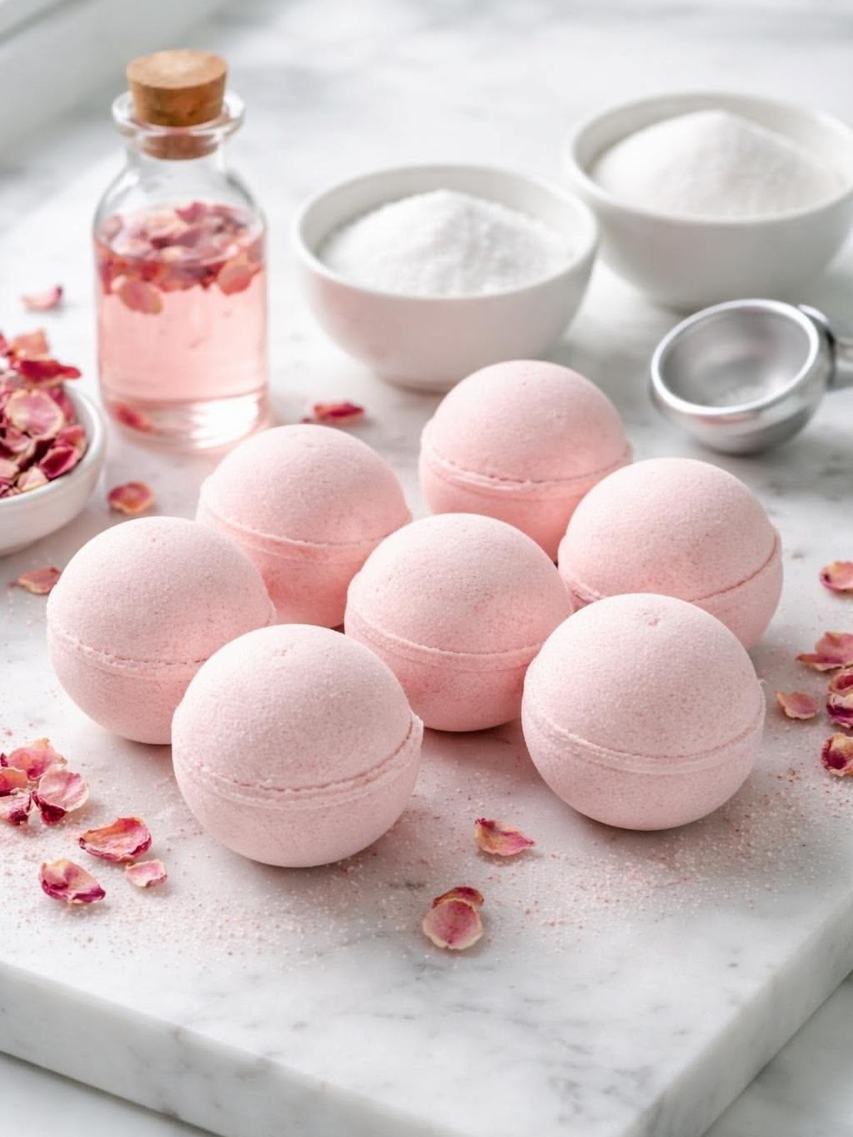 Six pink bath bombs on a white marble board, with dried rose petals, a corked bottle of rose water and bowls of white salts behind them.