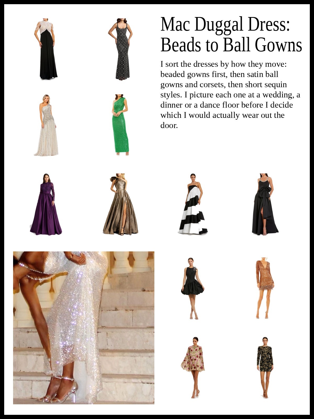 Collage of beaded and sequin gowns, satin and corset ball gowns, and sequin and floral mini cocktail dresses, and a mood photo of a sparkly sequin gown hem with silver heels