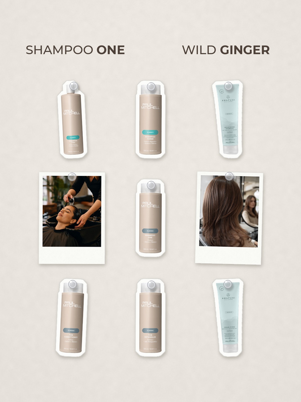 Cut-out product collage with two campaign-style photos: Paul Mitchell Shampoo One (10.14 oz); Paul Mitchell Shampoo Two Clarifying Cleanser (16.9 oz); Paul Mitchell Shampoo Three Chlorine Removing Cleanser (10.14 oz); Paul Mitchell Awapuhi Wild Ginger Nourishing Shampoo (8.5 oz); Paul Mitchell The Conditioner Moisture-Balancing Leave-In Conditioner (10.14 oz); Paul Mitchell The Detangler Conditioner (10.14 oz); Paul Mitchell Awapuhi Wild Ginger Cream Rinse Conditioner (8.5 oz)