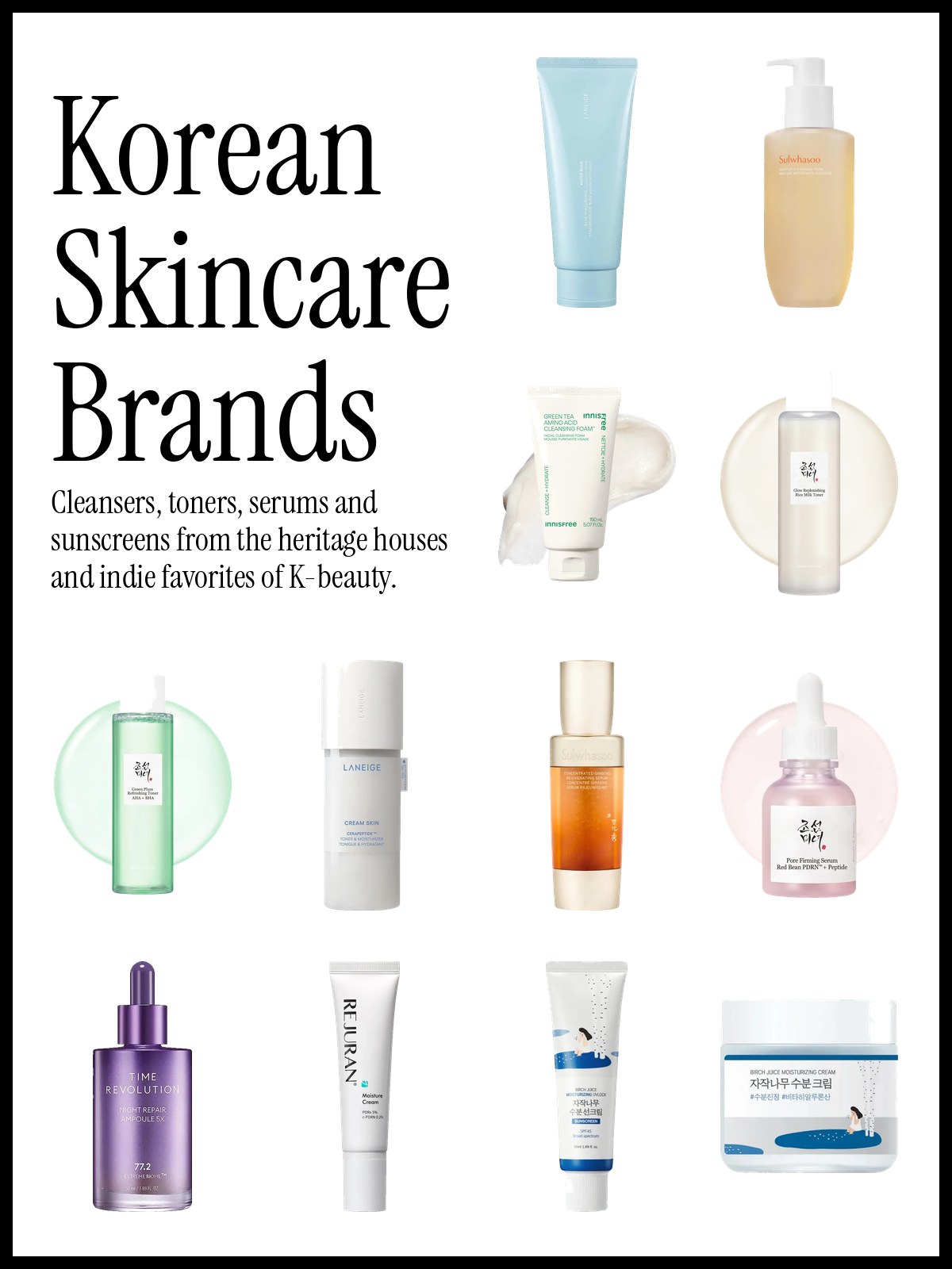 Collage of Korean skincare from Laneige, Sulwhasoo, innisfree, Beauty of Joseon, MISSHA, Rejuran and Round Lab