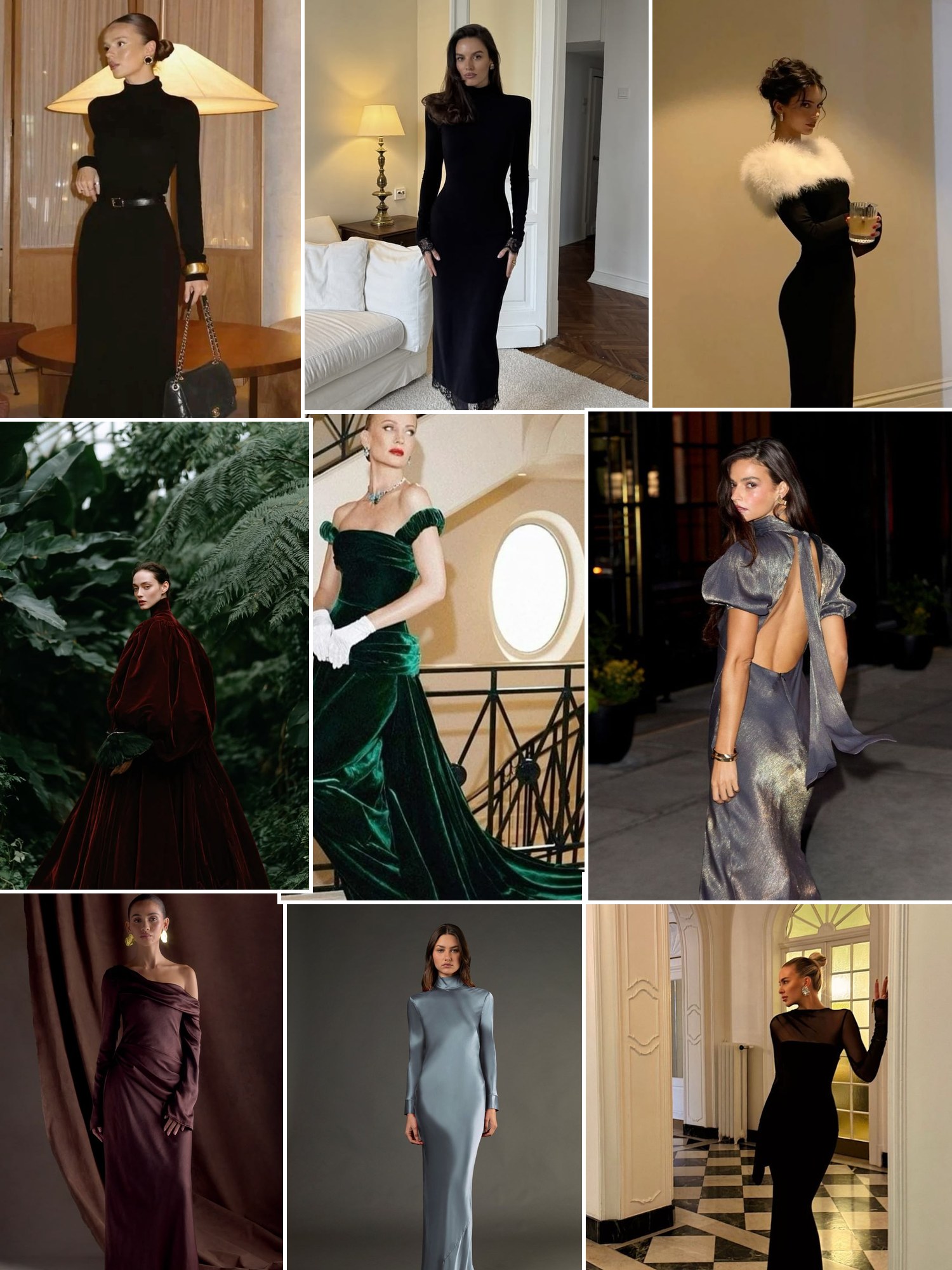 Collage of everyday outfits built around winter formal dresses