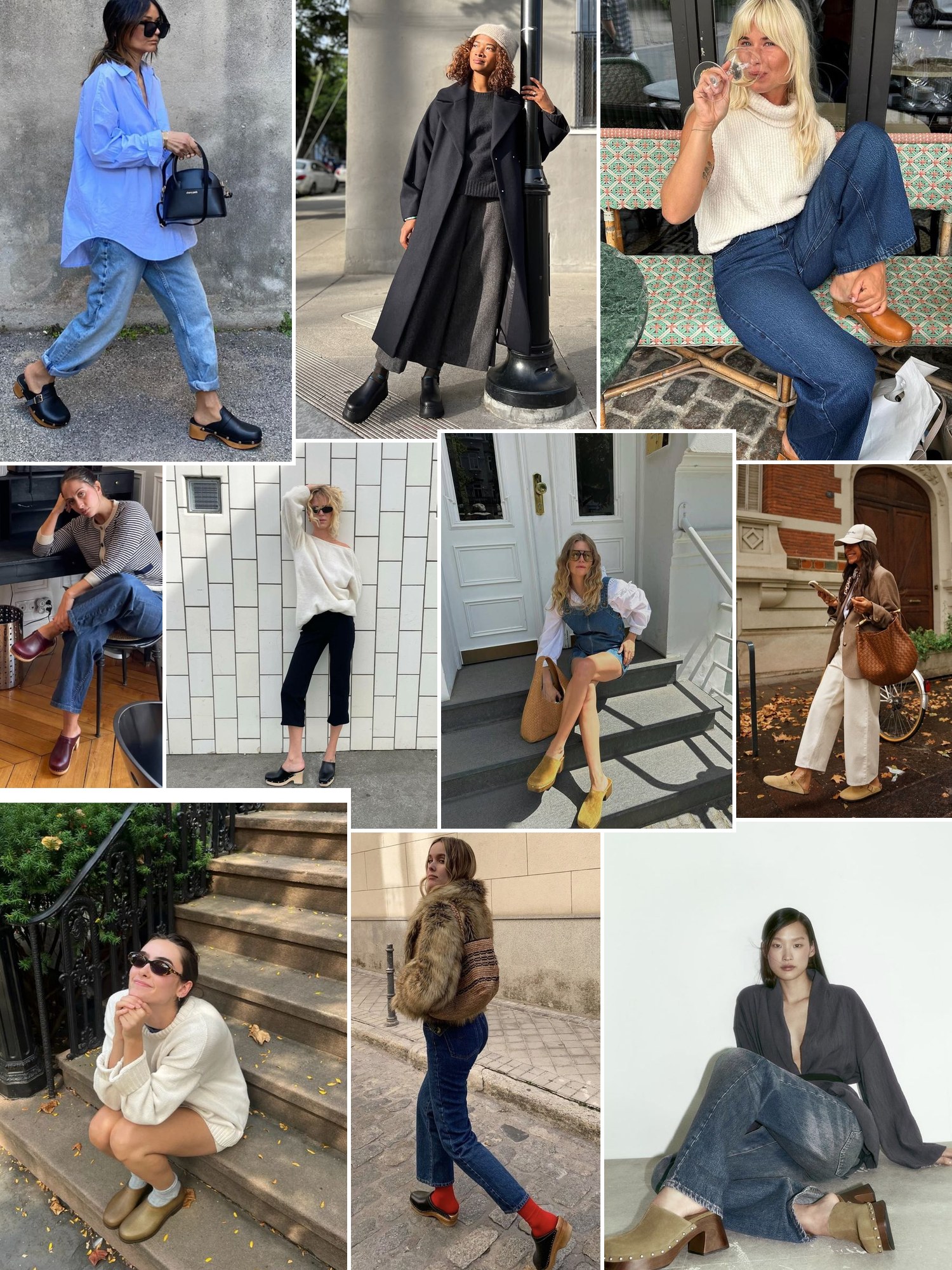 Street style collage of women wearing Wooden clogs