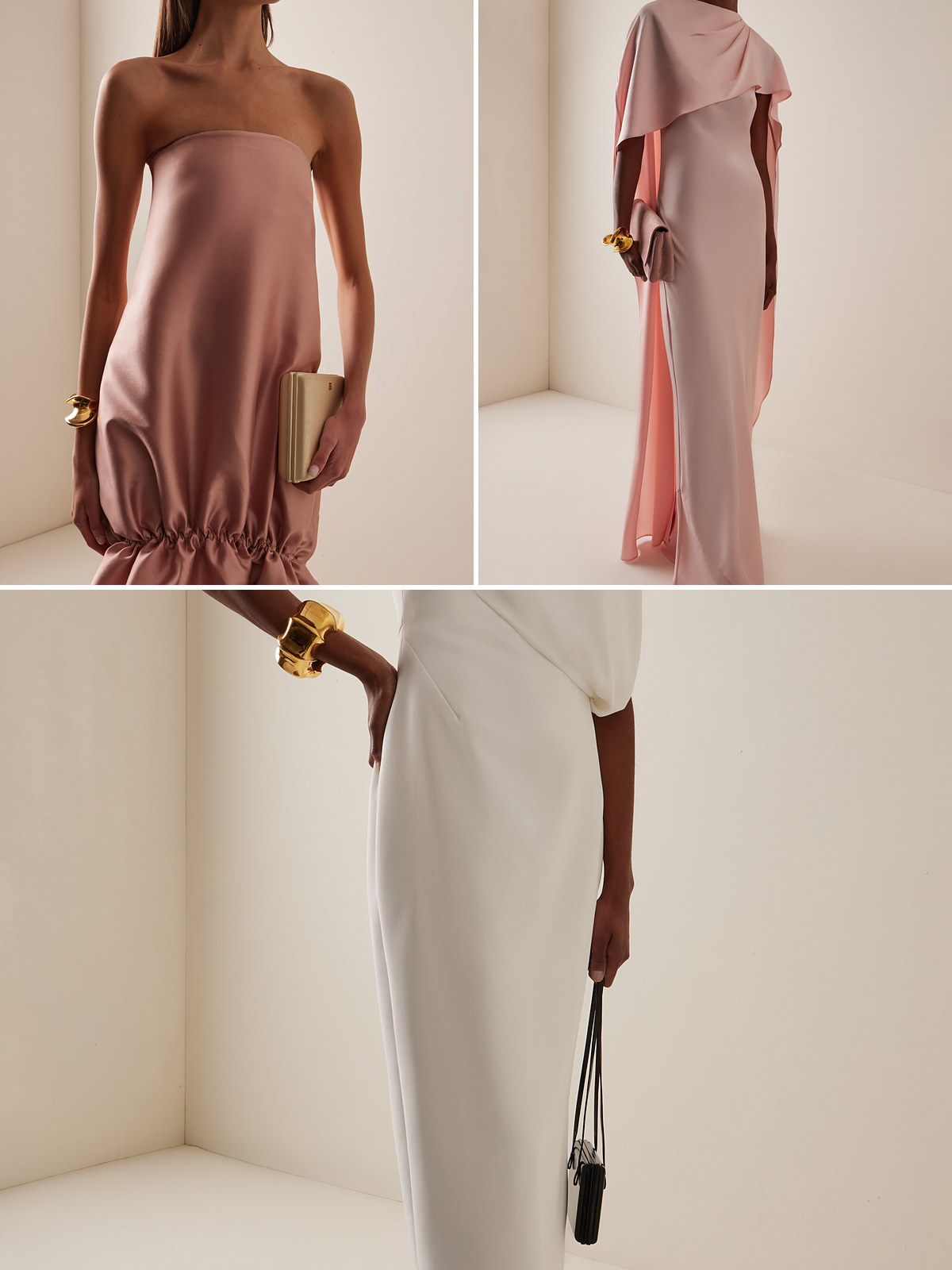 Three black tie gowns: a strapless satin, a cape and a column