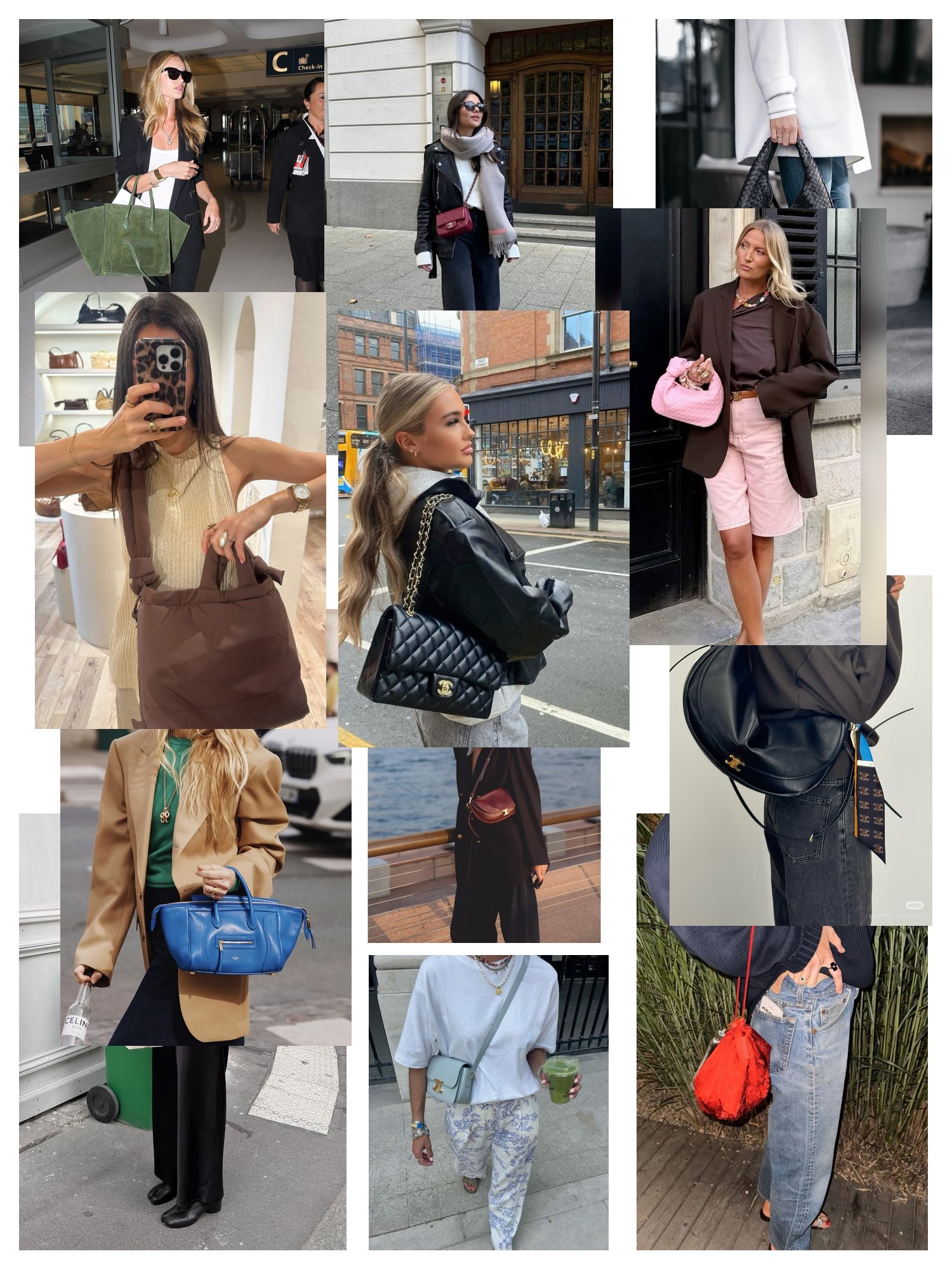 Street-style collage of 12 outfit photos featuring celine bag, scattered and overlapping