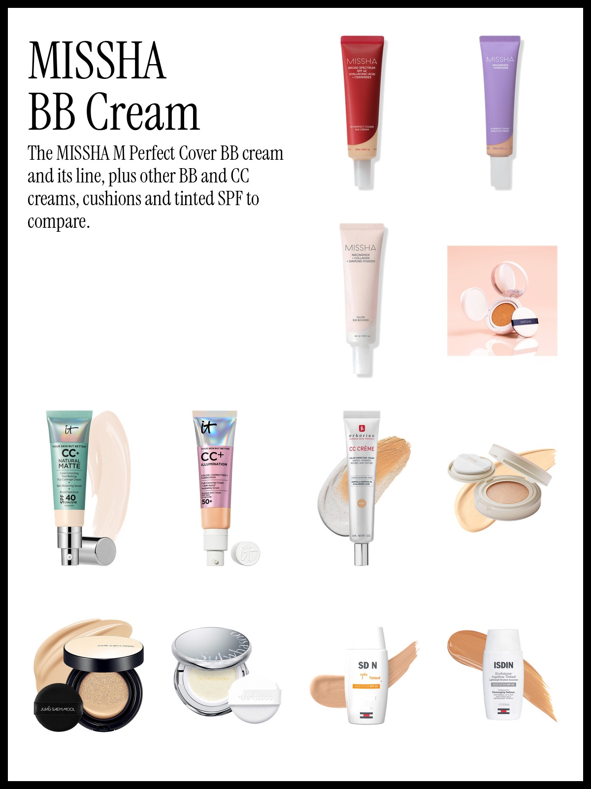 Collage of MISSHA M Perfect Cover BB Cream SPF 42, IT Cosmetics CC+ Cream Natural Matte Foundation and Yepoda The Dewy Day Korean Cushion