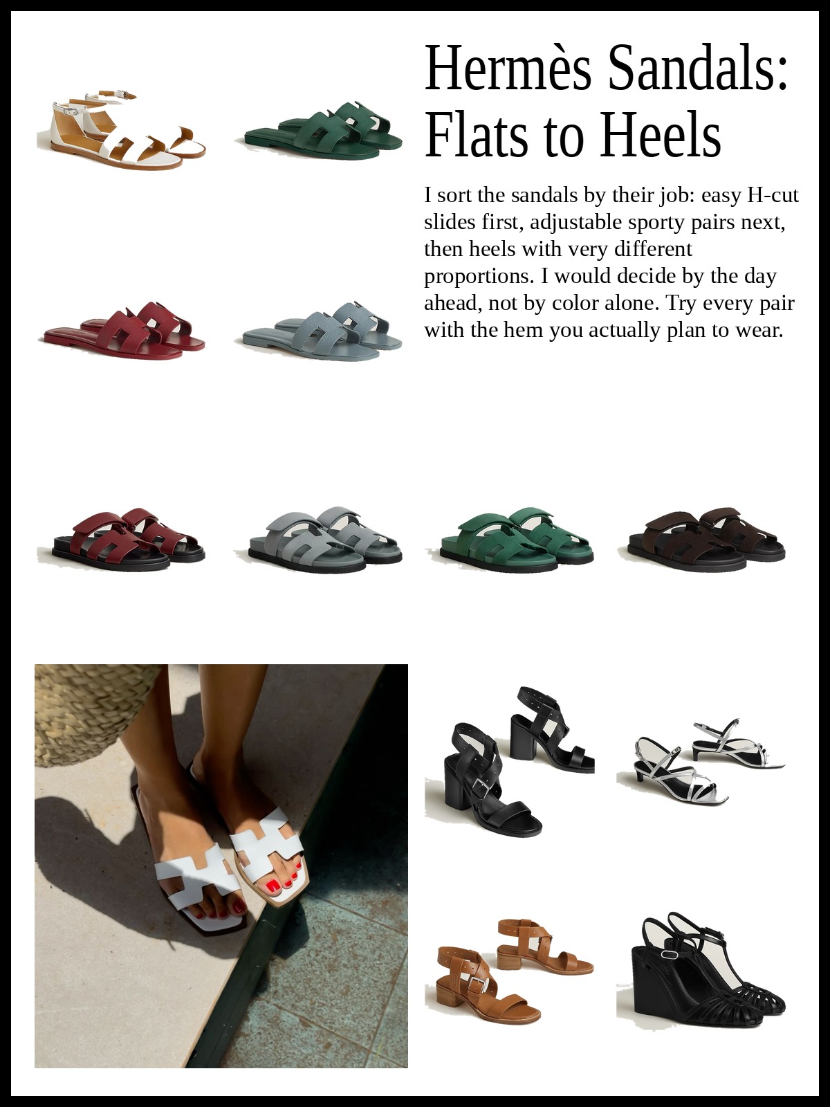 Collage of flat H-cut sandals, adjustable sporty sandals, and heeled sandals and Oasis styles, plus a mood photo of white H-cut sandals in a sunlit setting