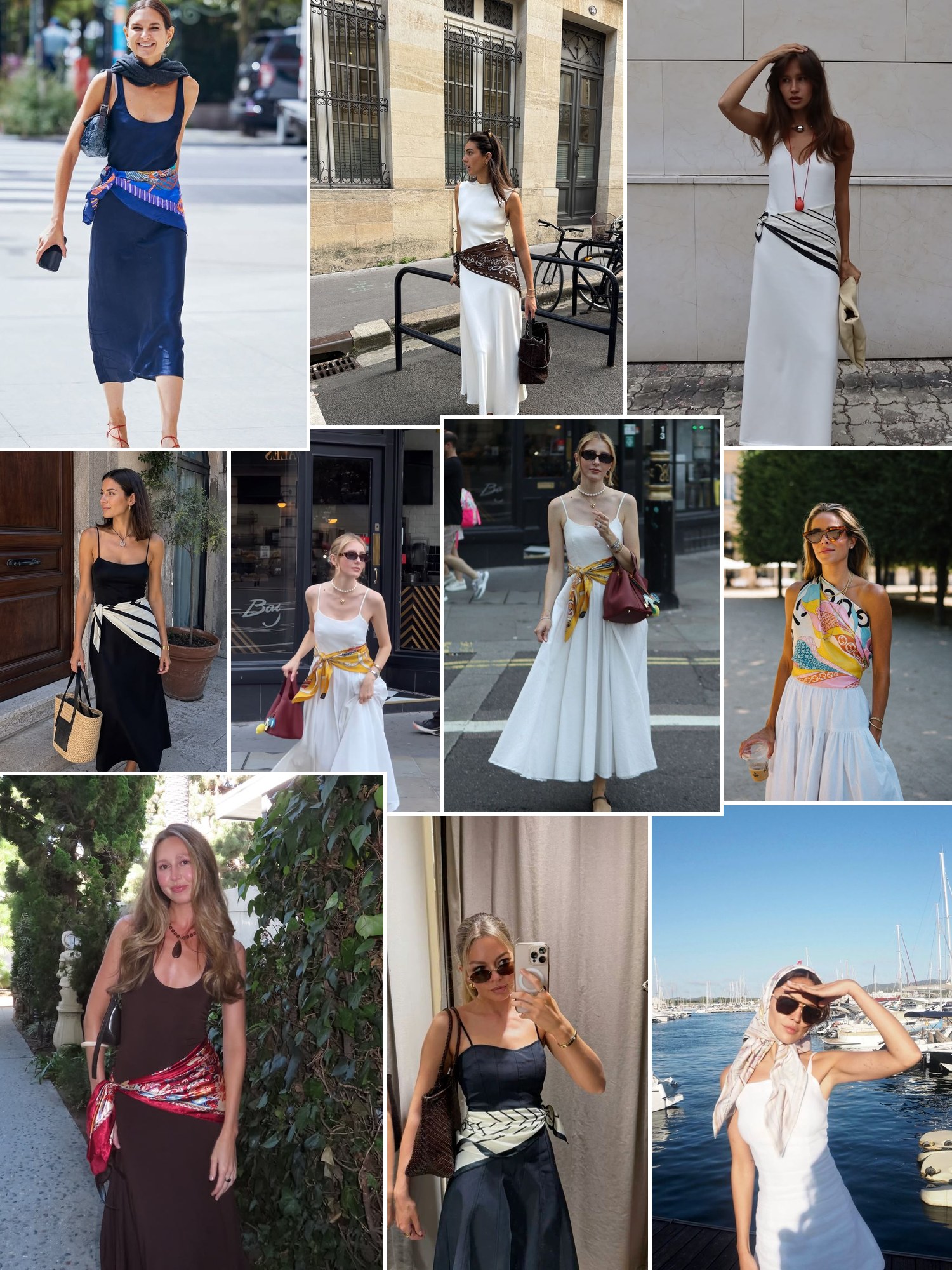Street style collage of silk scarves worn with dresses