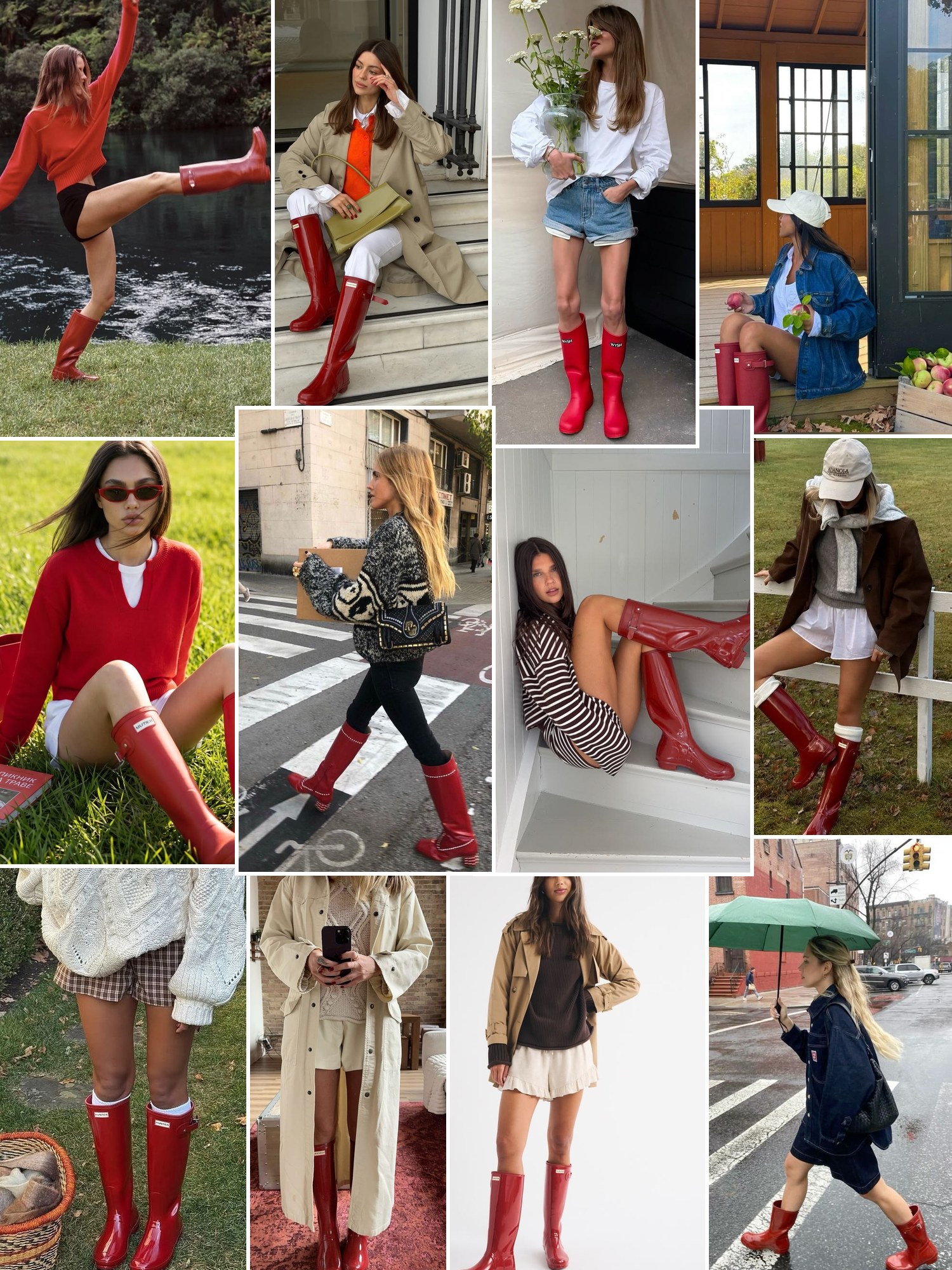 Street style collage of women wearing red Hunter rain boots