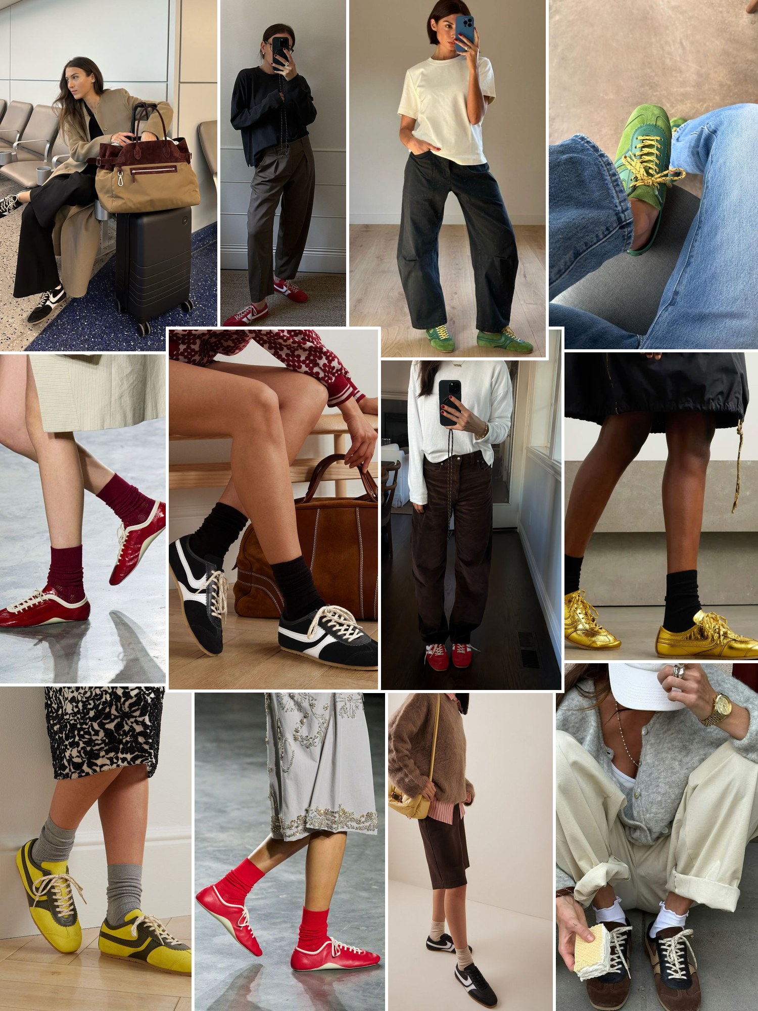 Collage of women wearing slim retro sneakers with socks, skirts and wide trousers