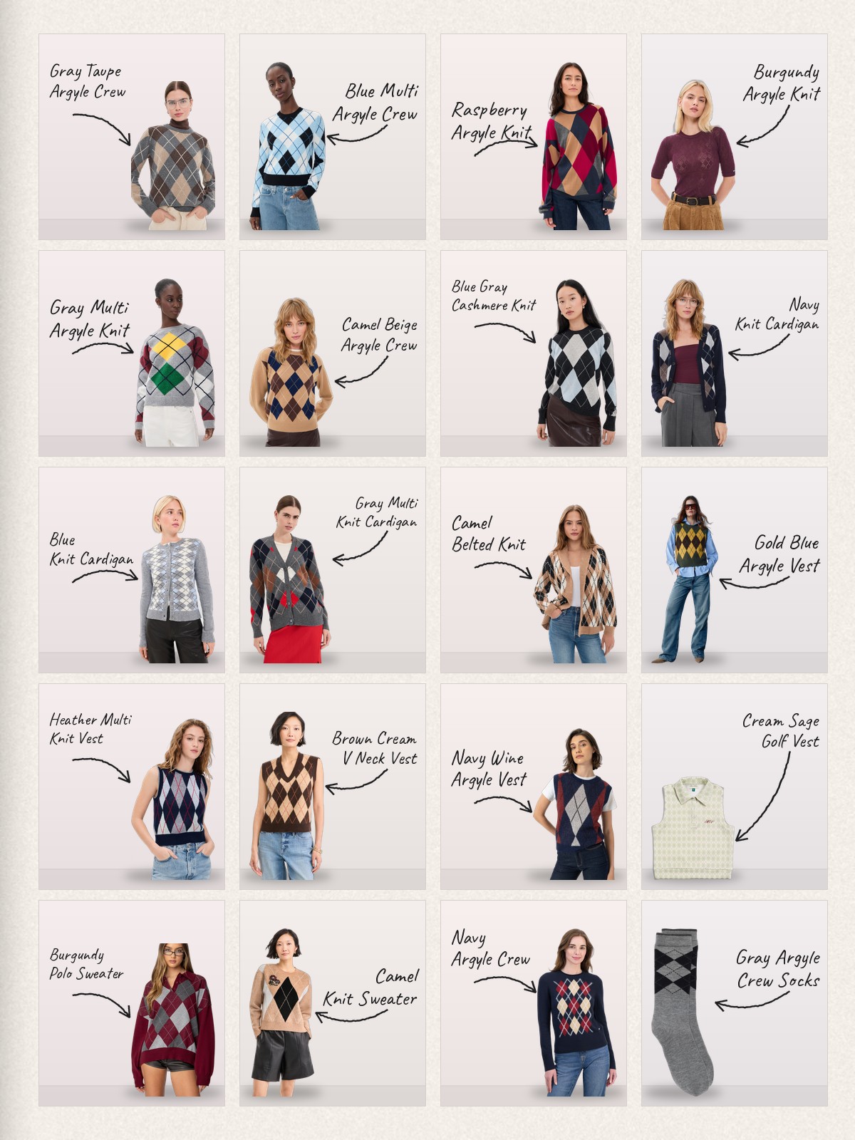Collage: twenty Argyle sweater products with handwritten labels