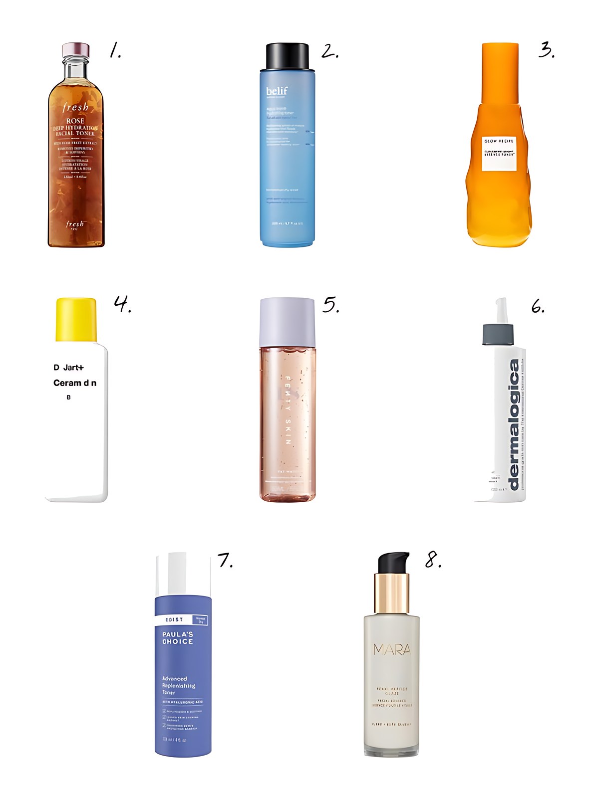 Numbered collage: 1. fresh Rose & Hyaluronic Acid Deep Hydration Toner; 2. belif Aqua Bomb Hydrating Toner with Hyaluronic Acid; 3. Glow Recipe Cloudberry Bright Essence Toner; 4. Dr. Jart+ Ceramidin Skin Barrier Serum Toner; 5. Fenty Beauty by Rihanna Fat Water Niacinamide Pore-Refining Toner Serum with Barbados Cherry; 6. Dermalogica Multi-Active Toner, Hydrating Face Mist with Arnica & Lavender to Prep Skin & Boost Moisturizer Absorption; 7. Paula's Choice RESIST Advanced Replenishing Toner with Hyaluronic Acid; 8. MARA Pearl Peptide Glaze 3-in-1 Essence Toner Serum for Hydration & Redness