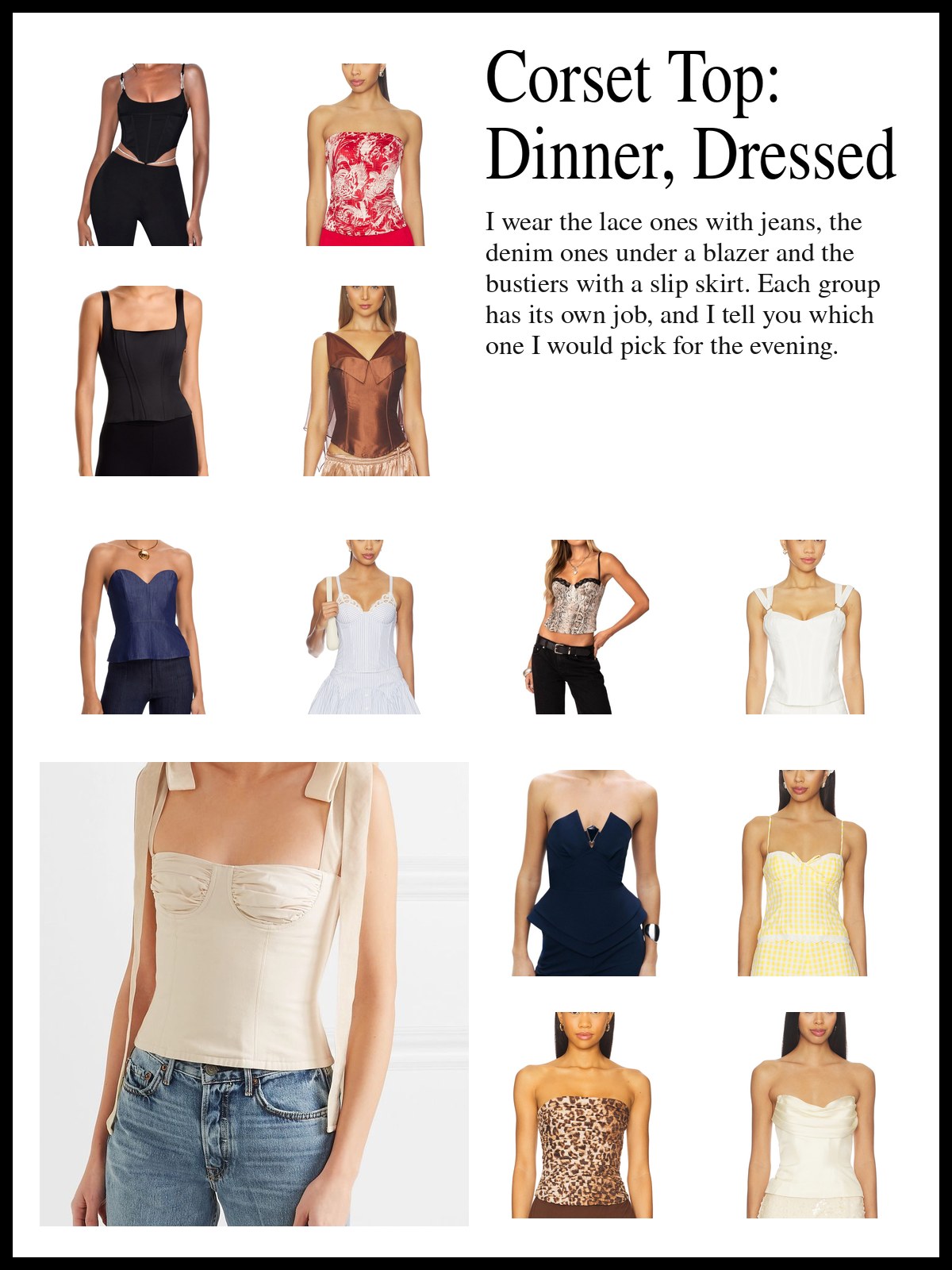 A collage of lace and satin corsets, denim and linen corsets, strapless bustiers, and a mood photo of a cream corset top worn with light blue jeans.